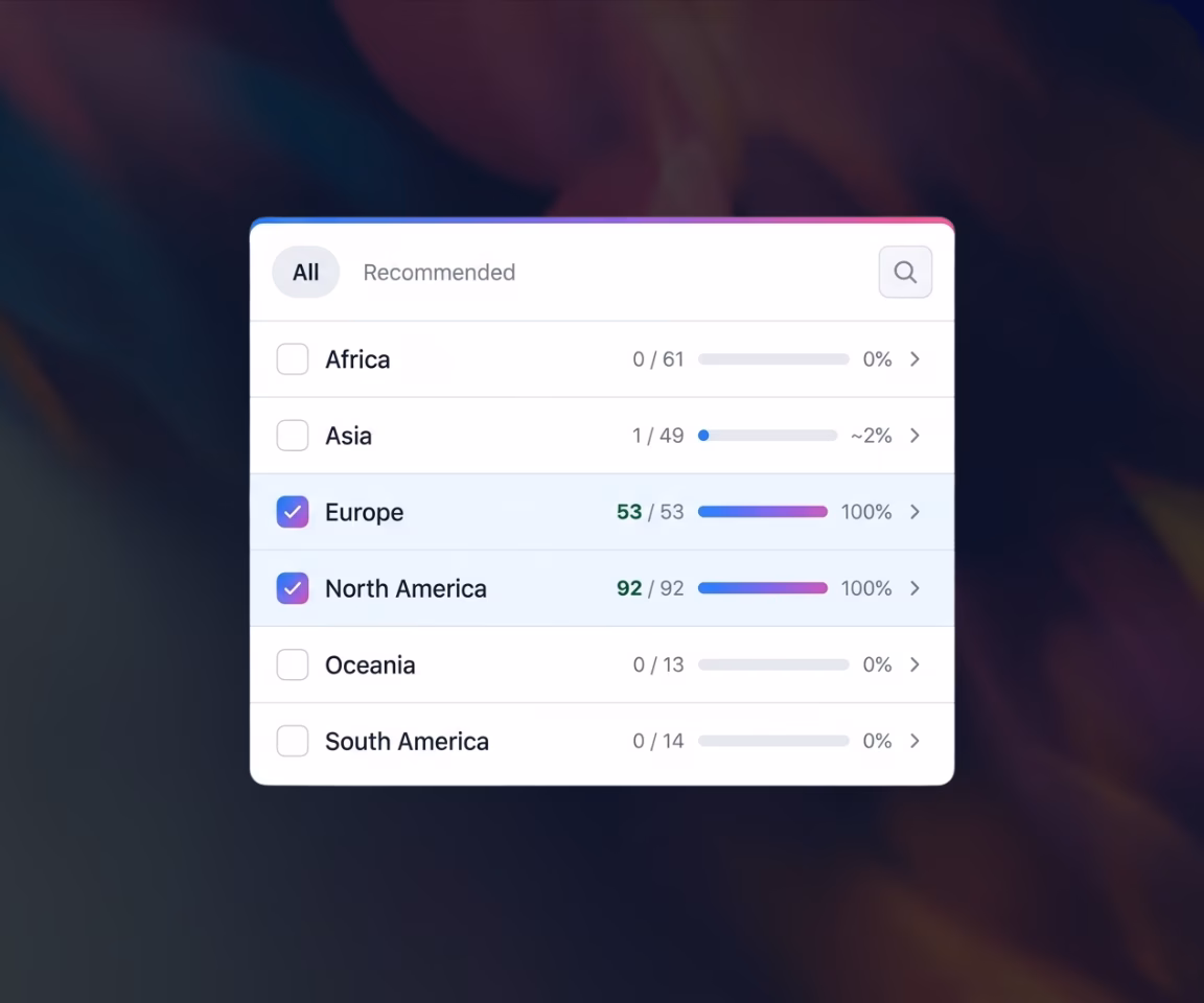 Selection table showing continents with checkboxes, completed counts for Europe 53/53 and North America 92/92 at 100%, others less or zero completed.