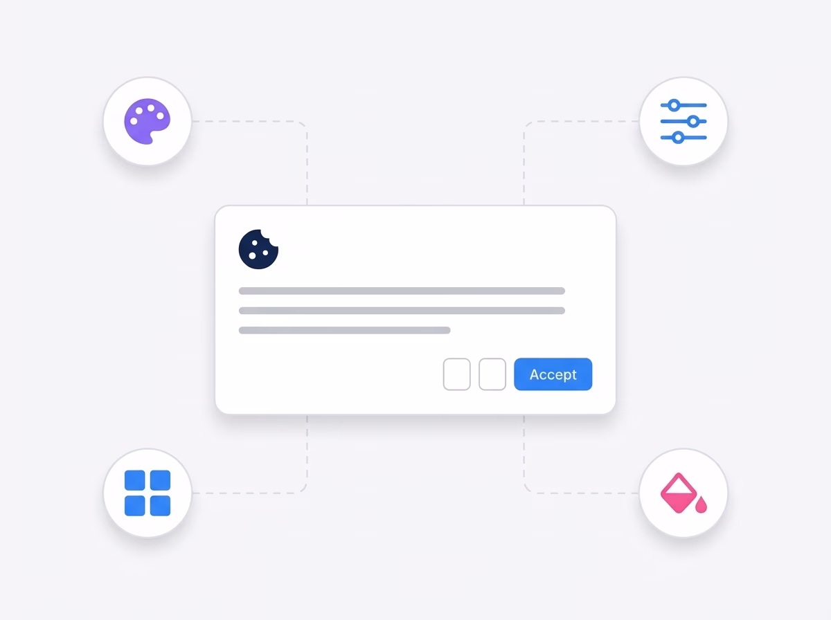 A cookie consent popup with an Accept button connected by dashed lines to four icons: a purple paint palette, blue sliders, four blue squares, and a pink paint drop.