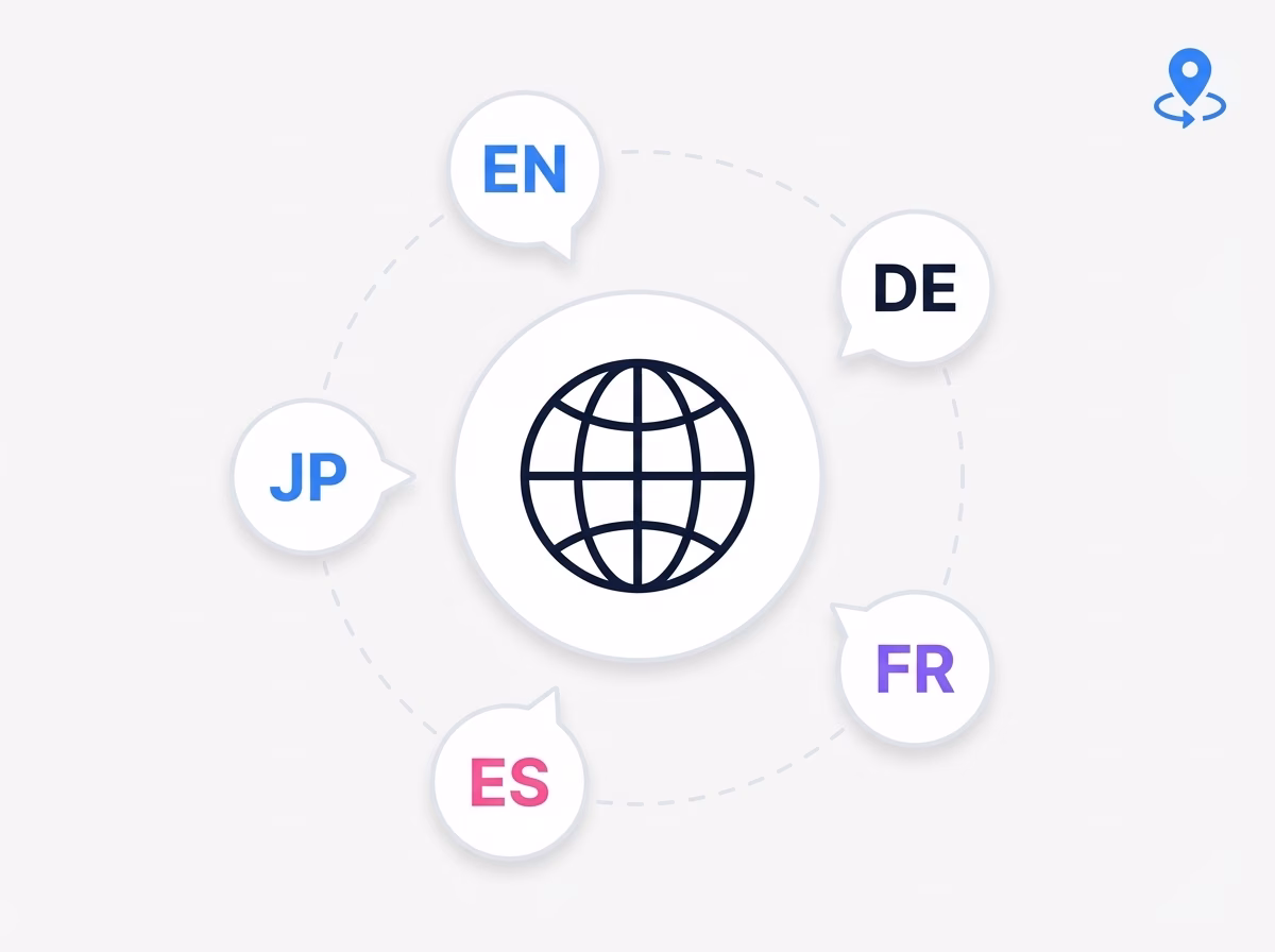 Globe icon in center with speech bubbles around it showing language codes EN, DE, FR, ES, and JP.