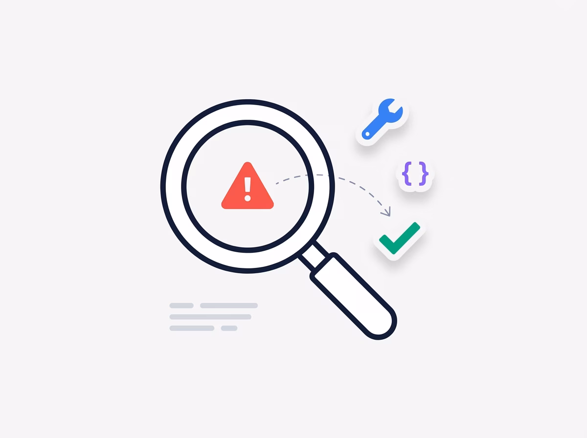 Magnifying glass highlighting a red warning triangle with icons of a blue wrench, purple code brackets, and a green check mark indicating troubleshooting and fixing issues.