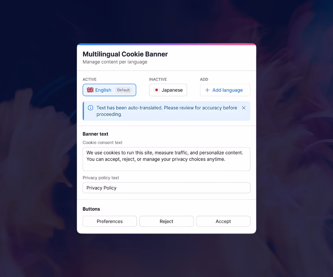 Multilingual cookie banner settings interface showing active English language with cookie consent text and options to manage preferences, reject, or accept cookies.