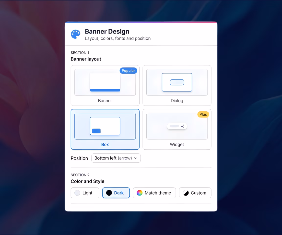 User interface for banner design with sections for layout options including Banner, Dialog, Box, and Widget, and color style choices like Light, Dark, Match theme, and Custom.
