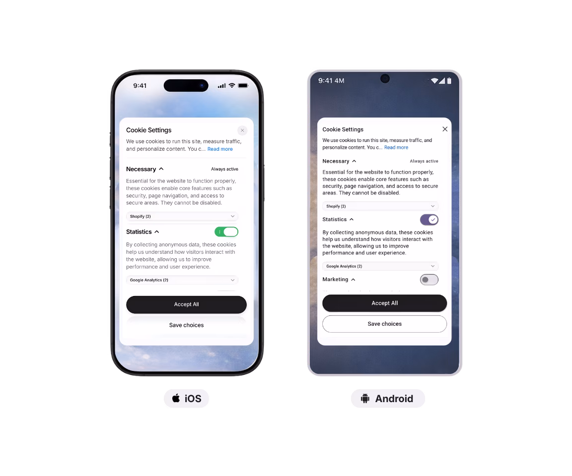 Two smartphones displaying cookie settings screens, one iOS device on the left and one Android device on the right, with options to toggle cookie categories and buttons to accept all or save choices.