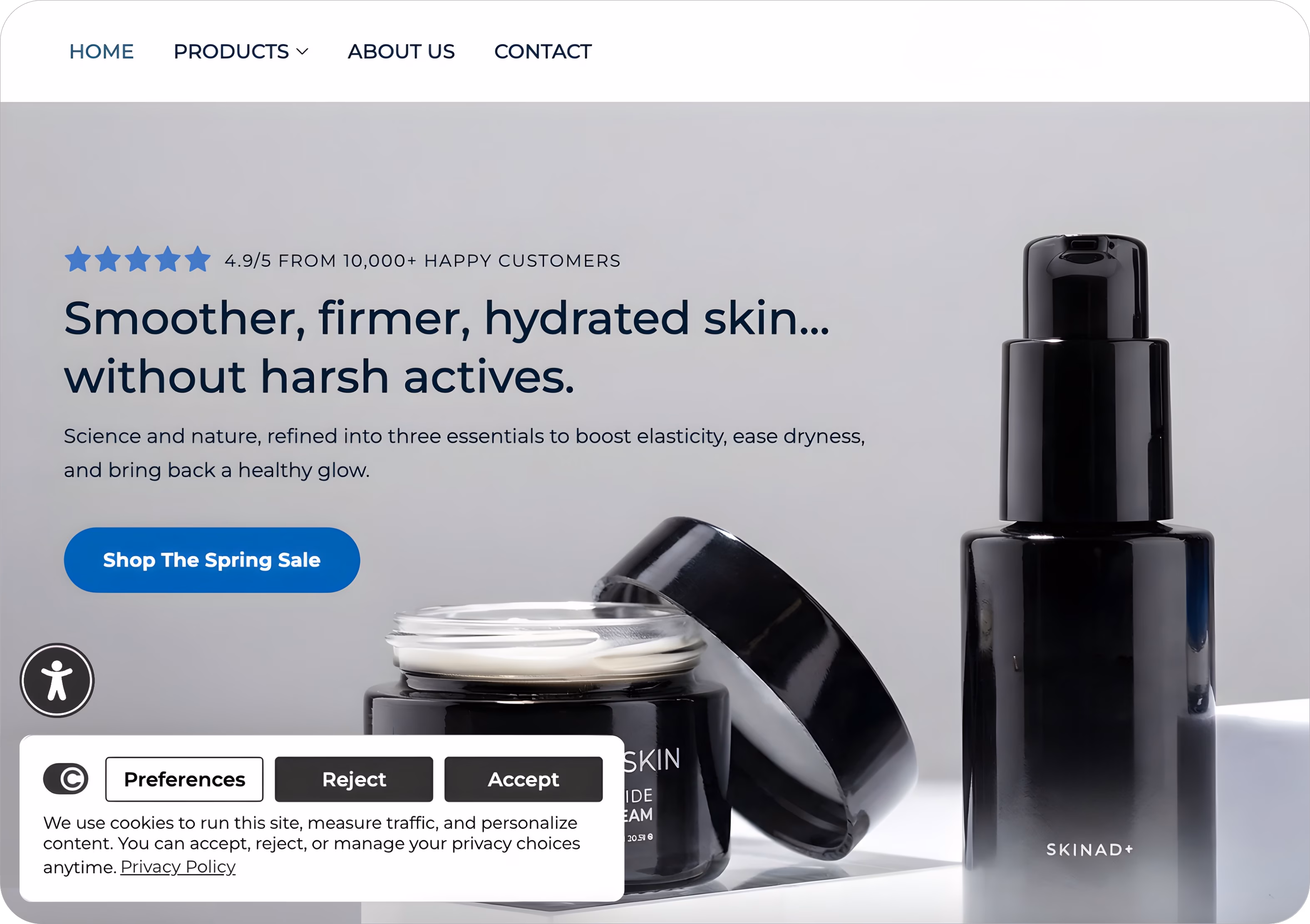 Skincare product set with a jar of cream and a pump bottle next to text promoting smoother, firmer, hydrated skin without harsh actives and a blue button for spring sale.