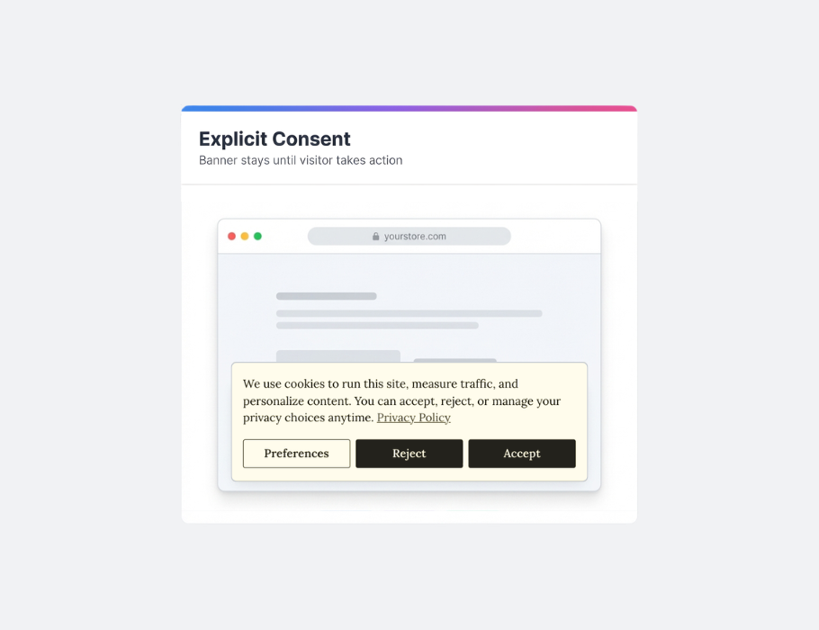 Browser window showing a cookie consent banner with options to accept, reject, or manage preferences, and a link to privacy policy.