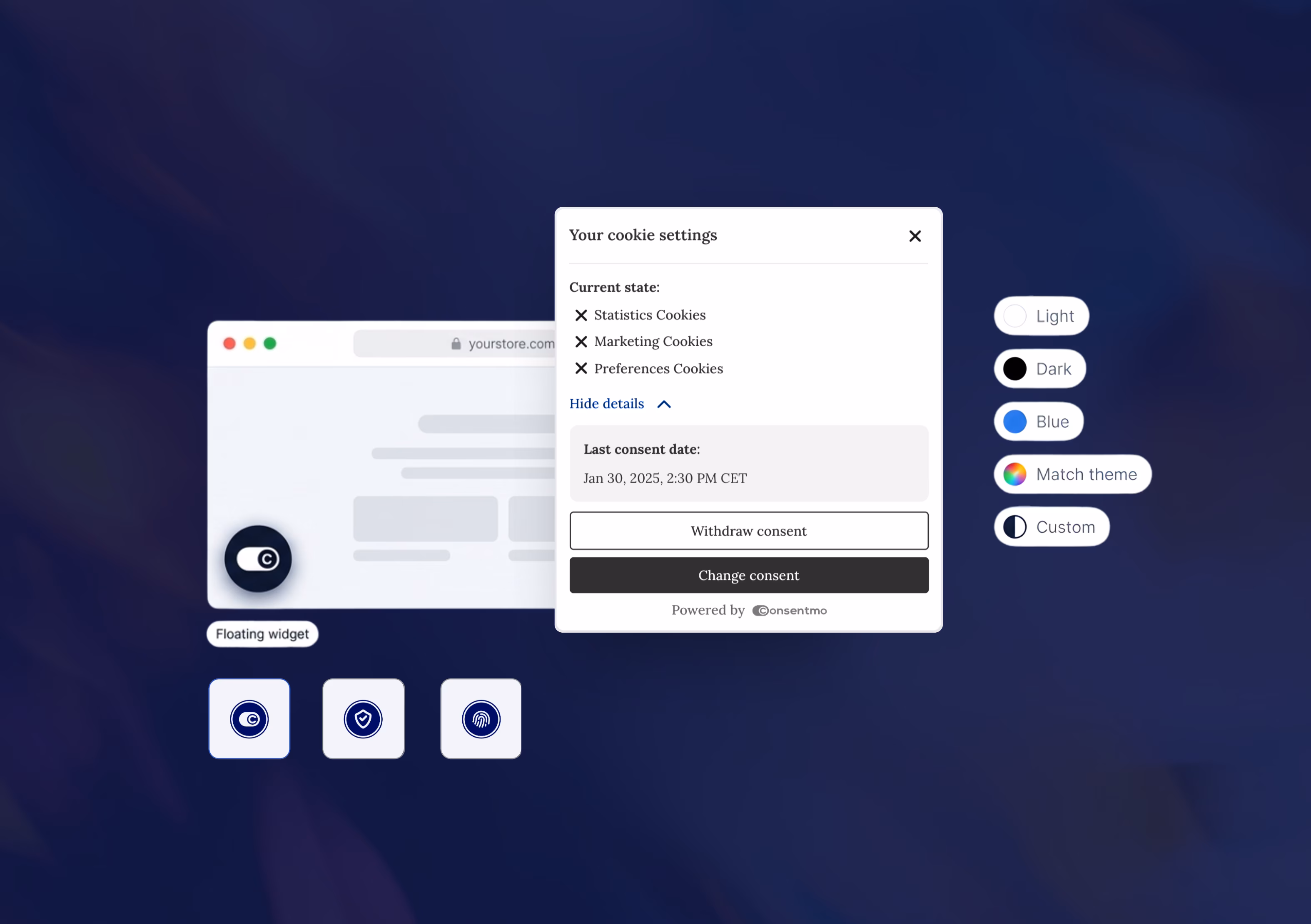 Screen showing a cookie settings widget with options to withdraw or change consent, cookie categories unchecked, and appearance theme selections including Light, Dark, Blue, Match theme, and Custom.