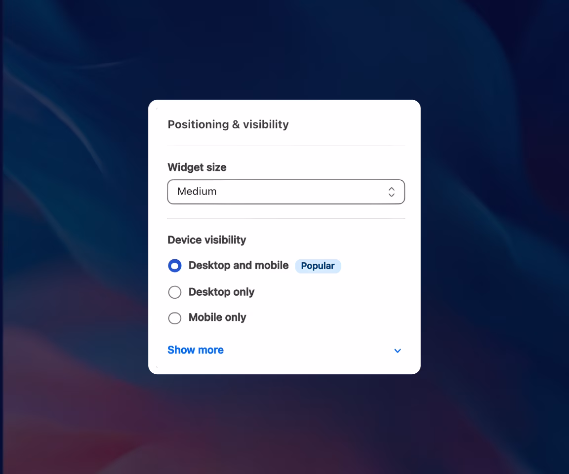 Settings panel for positioning and visibility with widget size set to Medium and device visibility options for Desktop and mobile (selected and marked popular), Desktop only, and Mobile only.