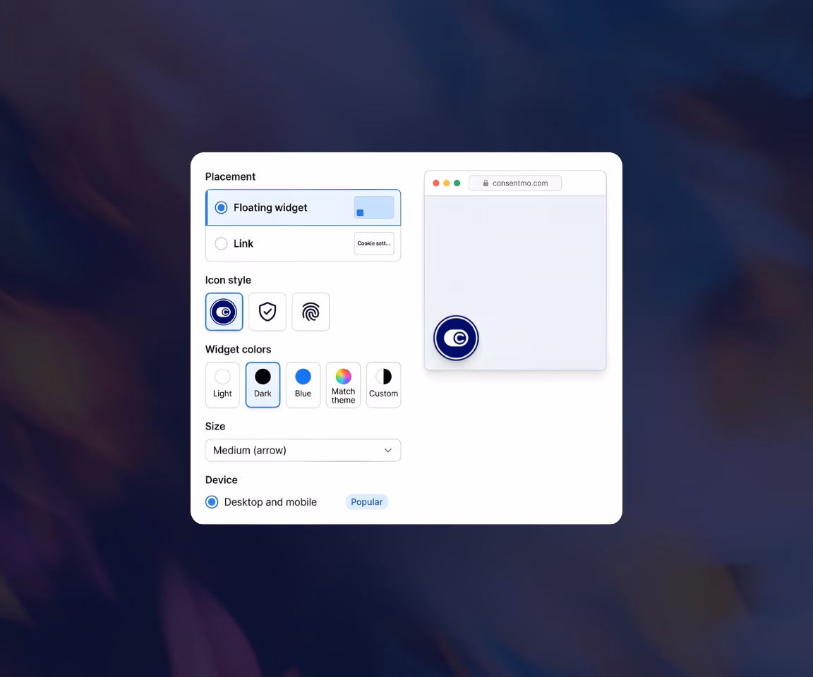 Settings panel for customizing a floating widget including placement, icon style, colors, size, and device options.