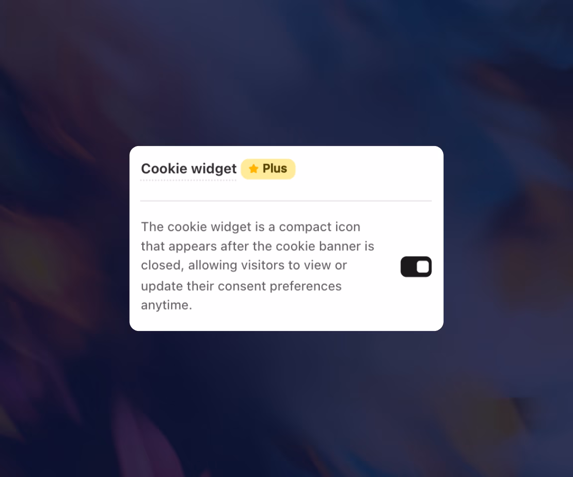 Information card titled 'Cookie widget Plus' describing the cookie widget as a compact icon that appears after the cookie banner is closed, allowing visitors to view or update consent preferences anytime, with a toggle switch in the off position.