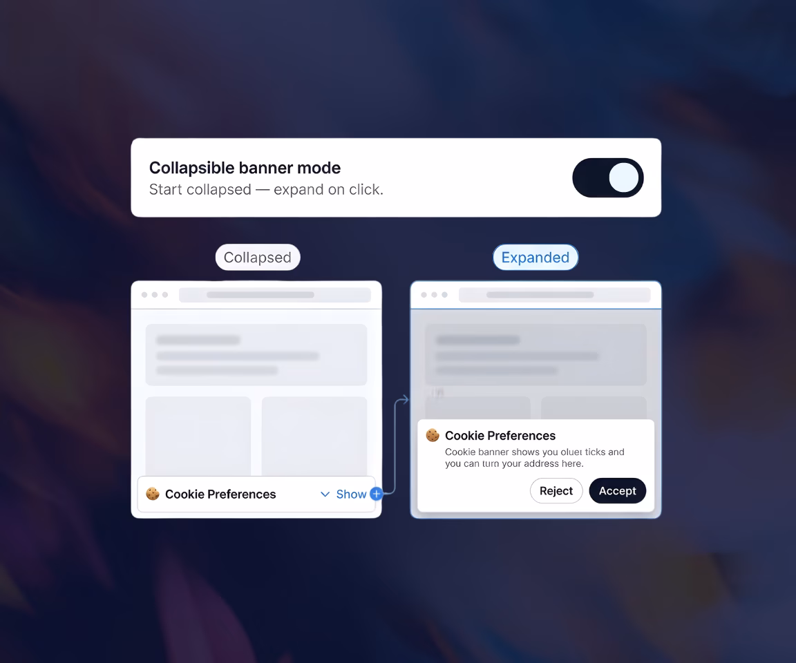 Interface showing collapsible cookie preferences banner in collapsed and expanded states with toggle switch on.