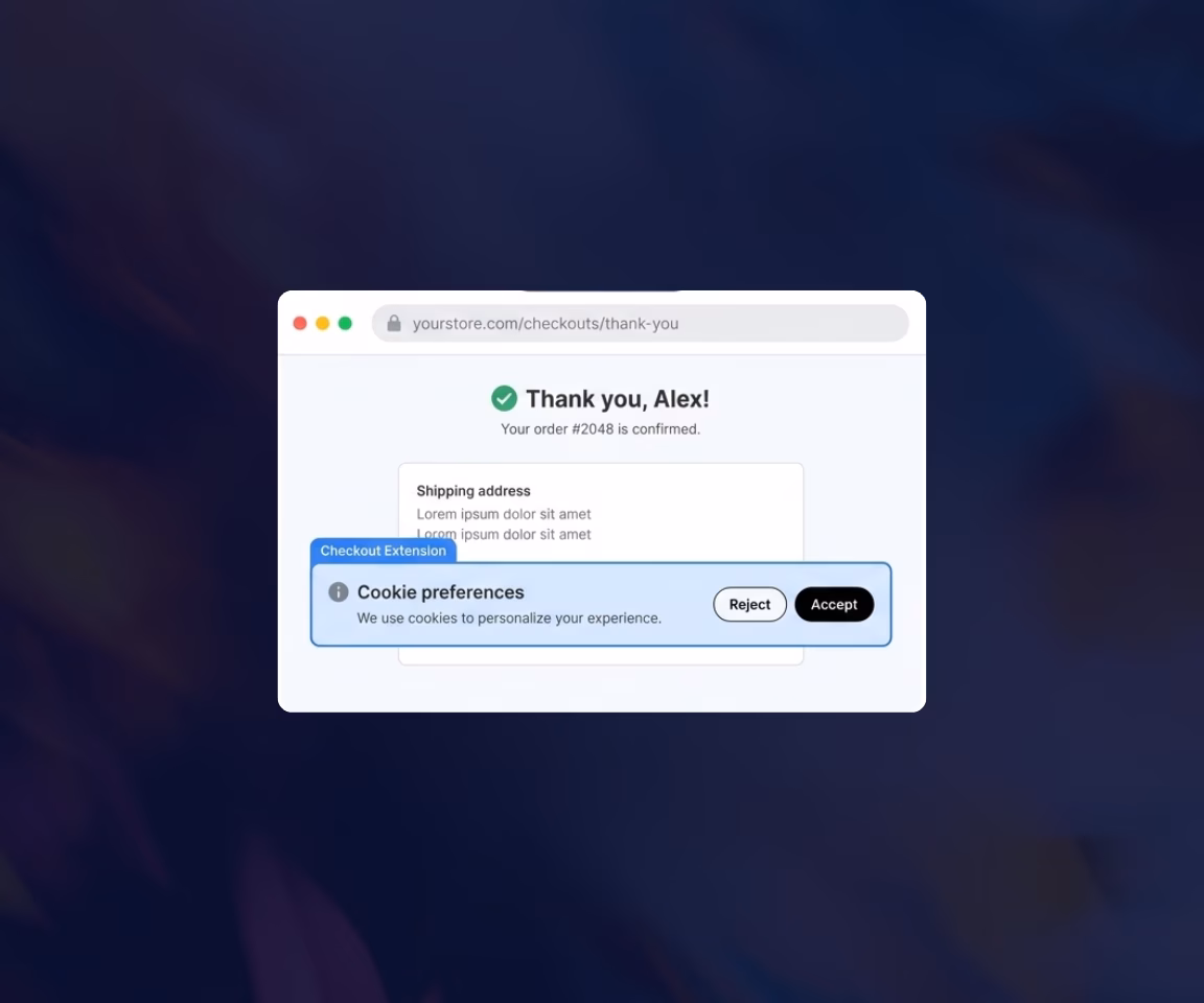 Browser window showing a thank you page confirming order #2048, with a cookie preferences banner offering reject and accept options.