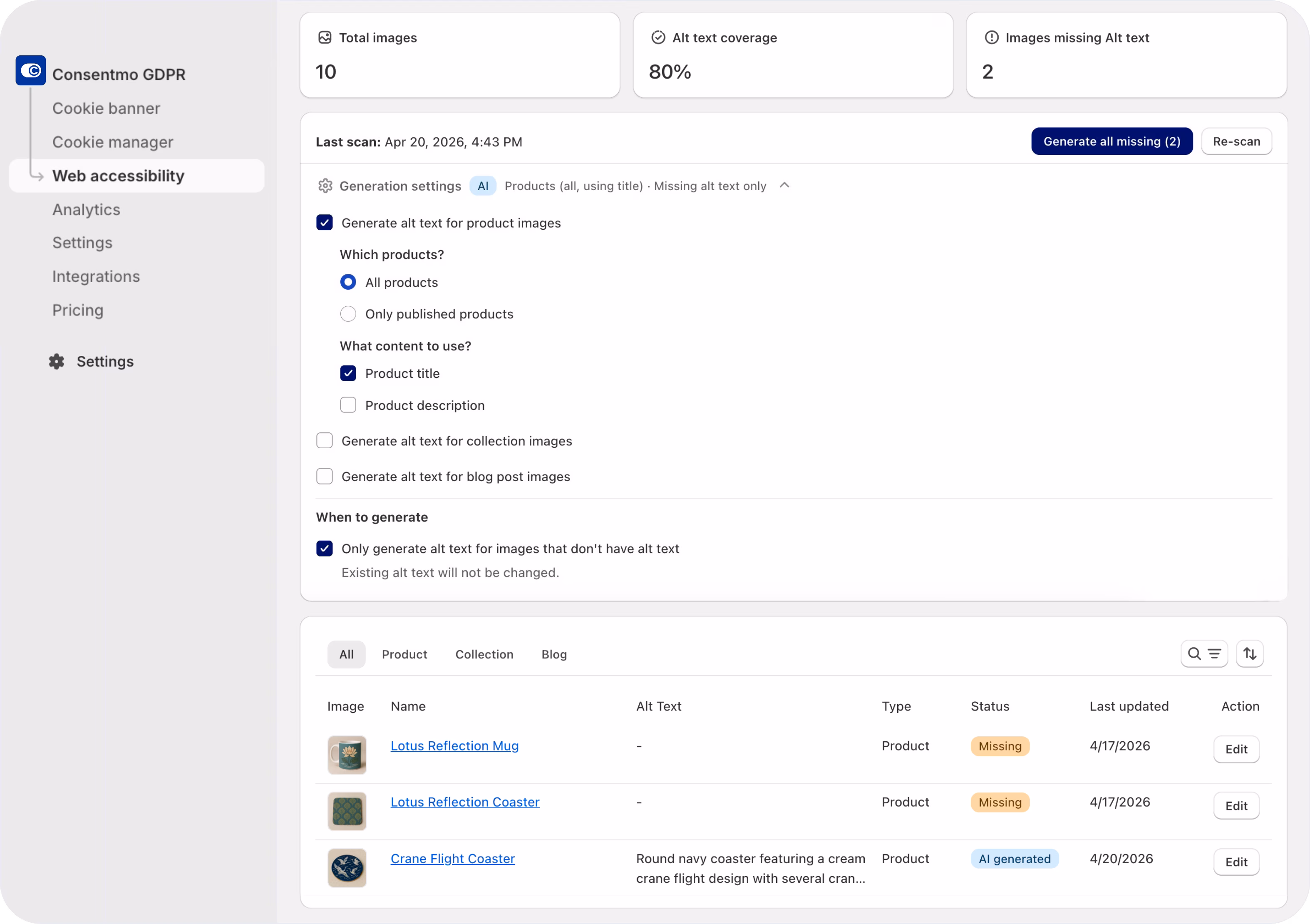 Web accessibility settings panel showing alt text generation options and product images with missing and AI-generated alt text statuses.