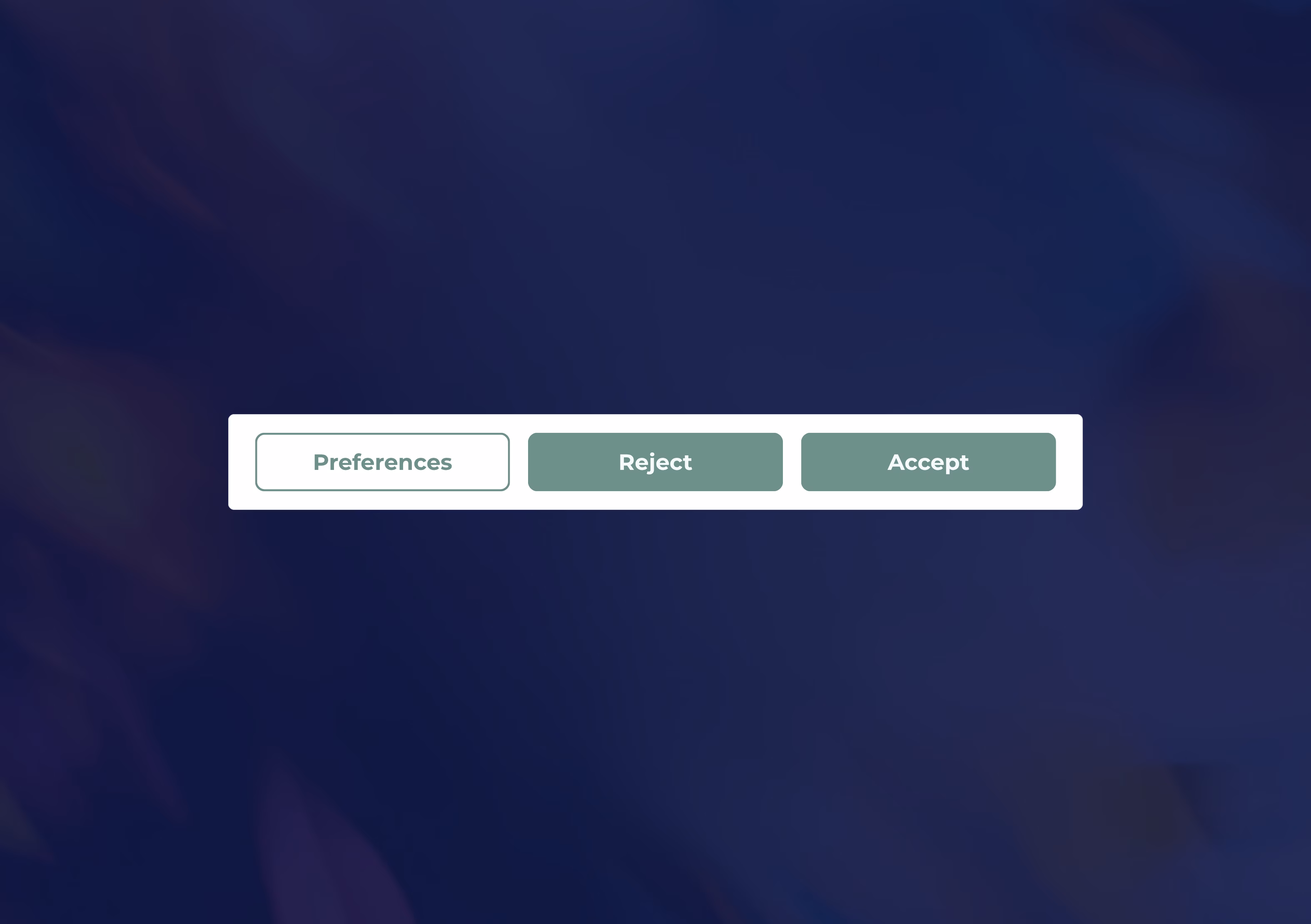 Three buttons labeled Preferences, Reject, and Accept on a dark blue background.