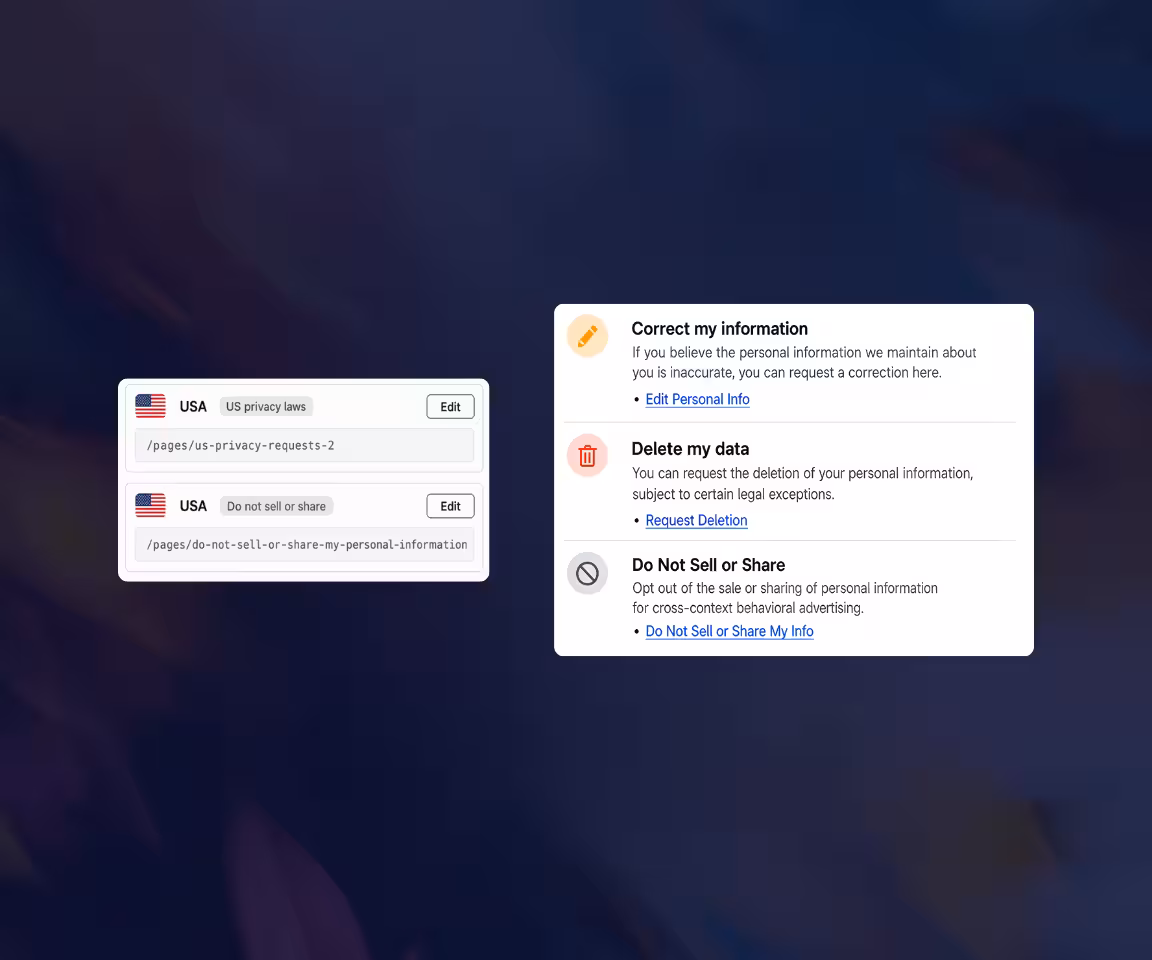 Interface showing user options to correct personal information, delete data, or opt out of personal information sale or sharing under US privacy laws.