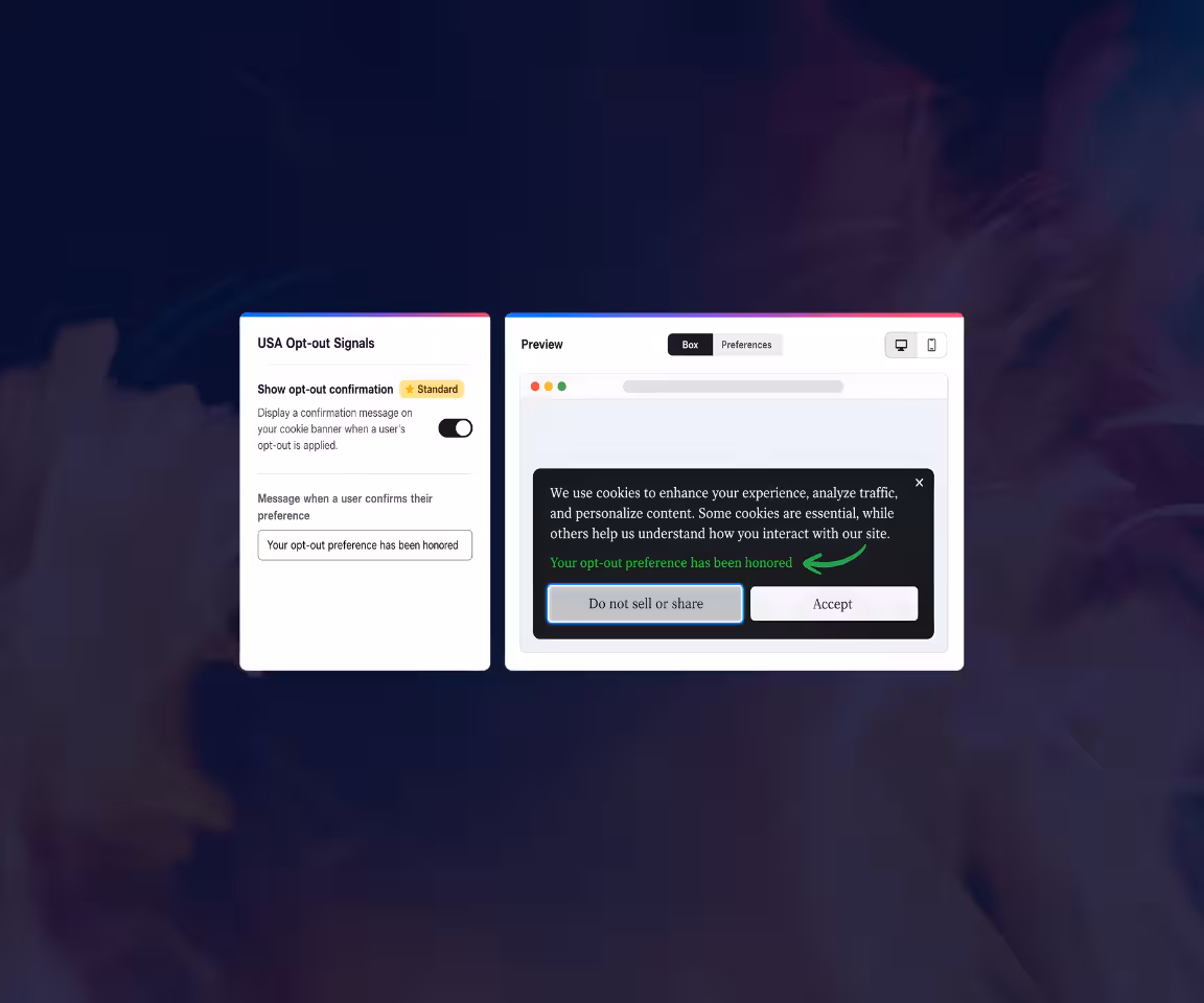 User interface showing USA Opt-out Signals settings with option to show opt-out confirmation and a preview of a cookie consent message highlighting that opt-out preference has been honored.