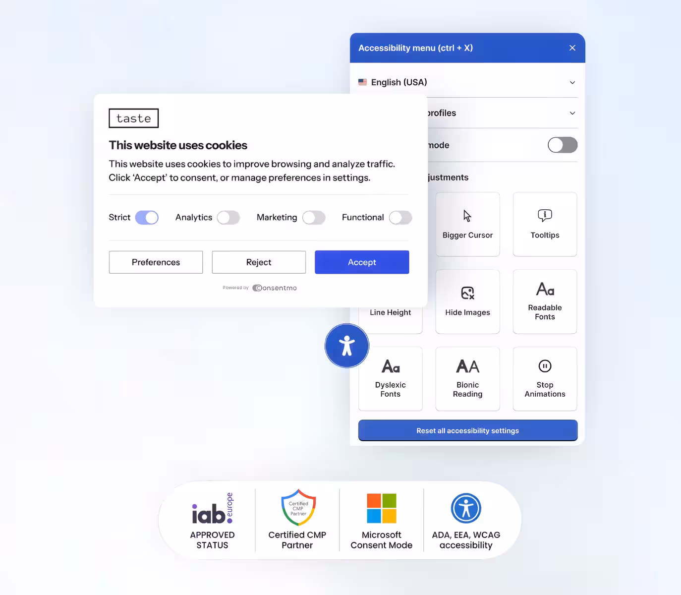 User interface showing a cookie consent banner with options for Strict, Analytics, Marketing, Functional and buttons for Preferences, Reject, and Accept, alongside an accessibility menu with settings for bigger cursor, tooltips, hide images, readable fonts, dyslexic fonts, bionic reading, stop animations, and a reset button, plus compliance badges for IAB, Certified CMP Partner, Microsoft Consent Mode, and ADA, EEA, WCAG accessibility.