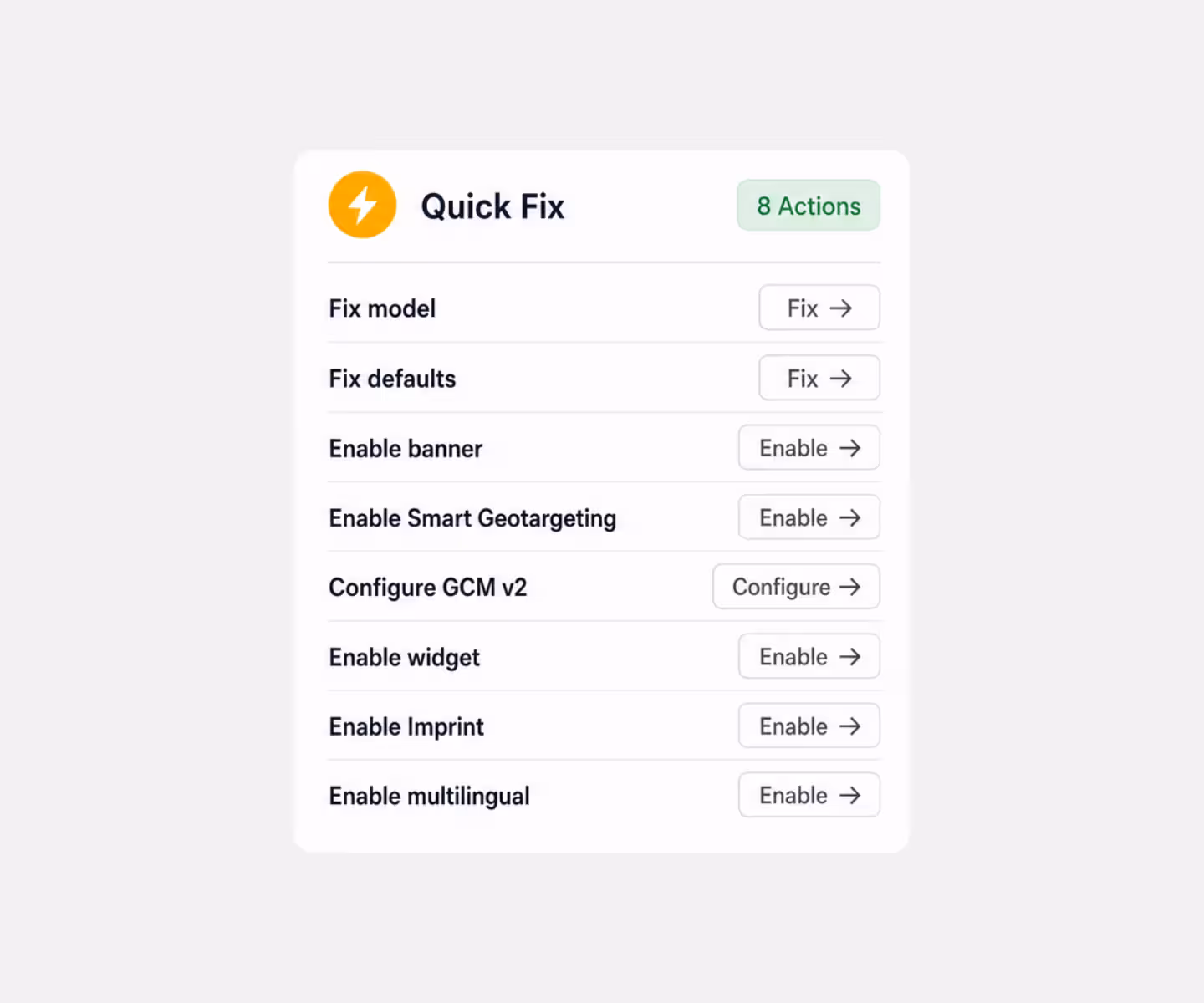 Quick Fix menu with 8 actions including Fix model, Fix defaults, Enable banner, Enable Smart Geotargeting, Configure GCM v2, Enable widget, Enable Imprint, and Enable multilingual, each with corresponding action buttons.