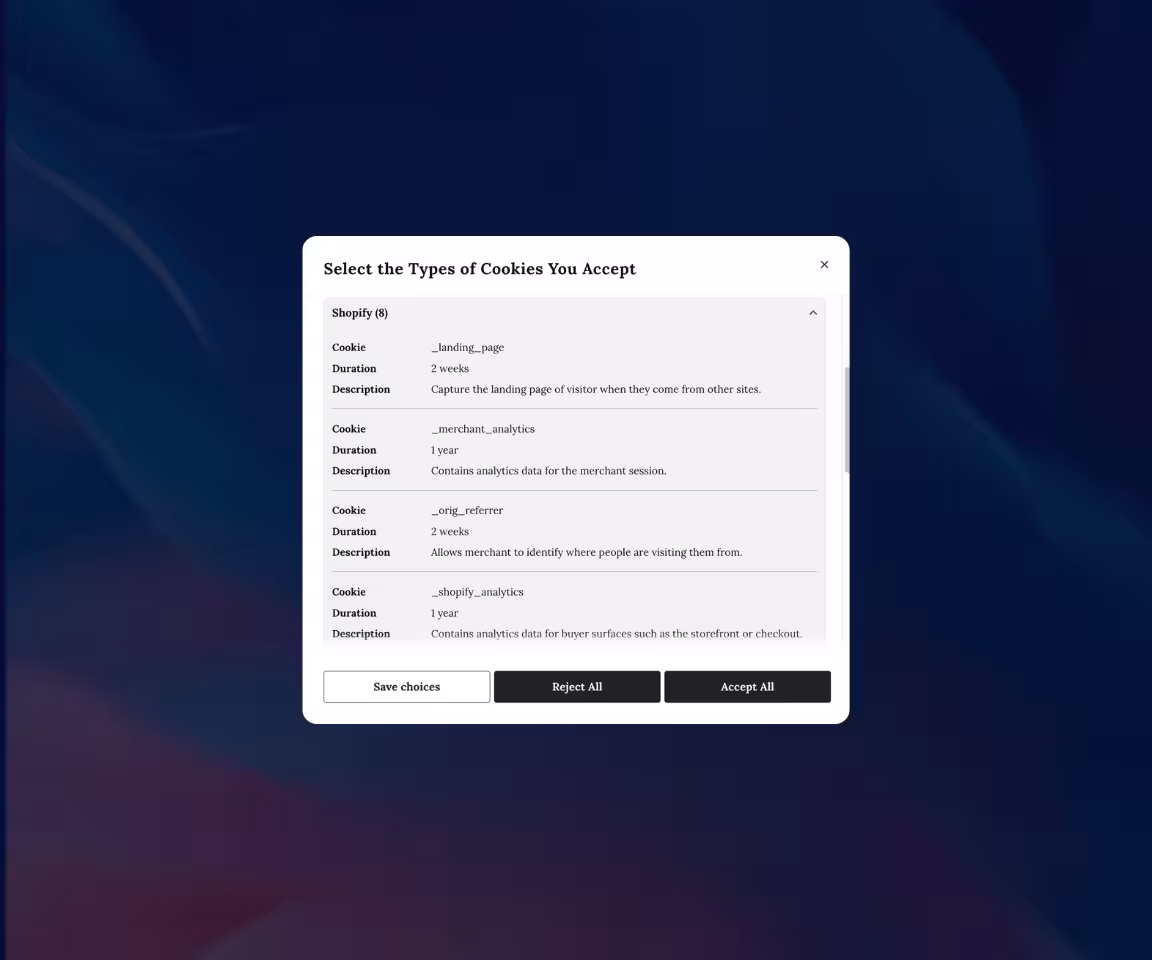 Cookie consent form listing Shopify cookie types with descriptions and options to save, reject, or accept all.
