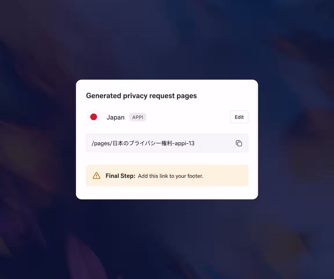 Interface showing a generated privacy request page link for Japan with a note to add it to the footer.