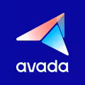 Blue, pink, and white stylized triangle logo with the word Avada below it on a dark blue background.