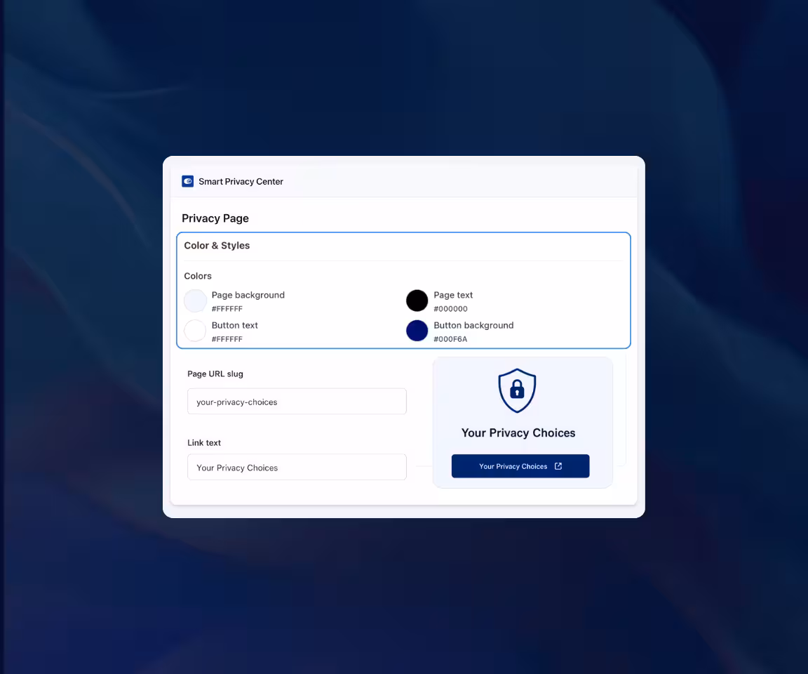 Smart Privacy Center interface showing privacy page color styles, URL slug, and a preview button.