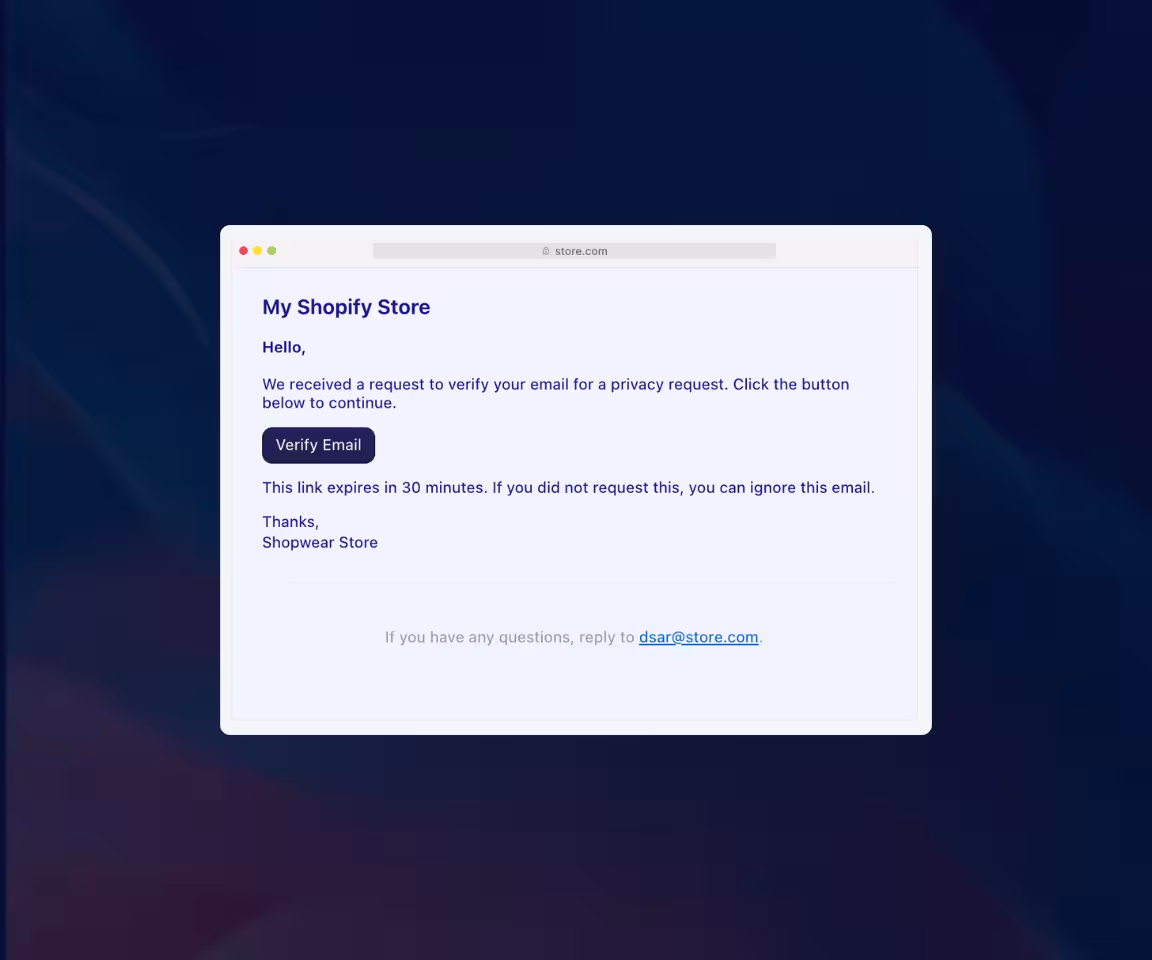 Email from My Shopify Store asking to verify email with a button that expires in 30 minutes.