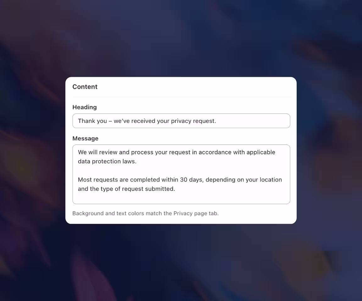 Form panel showing a privacy request confirmation message with processing details and timing.