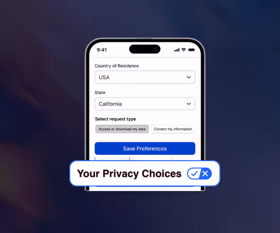 Mobile screen with privacy preferences form to select country, state, request type, and save preferences.