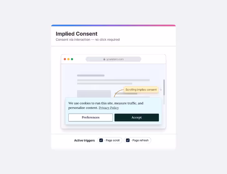 Website cookie banner stating scrolling implies consent with options for Preferences or Accept.