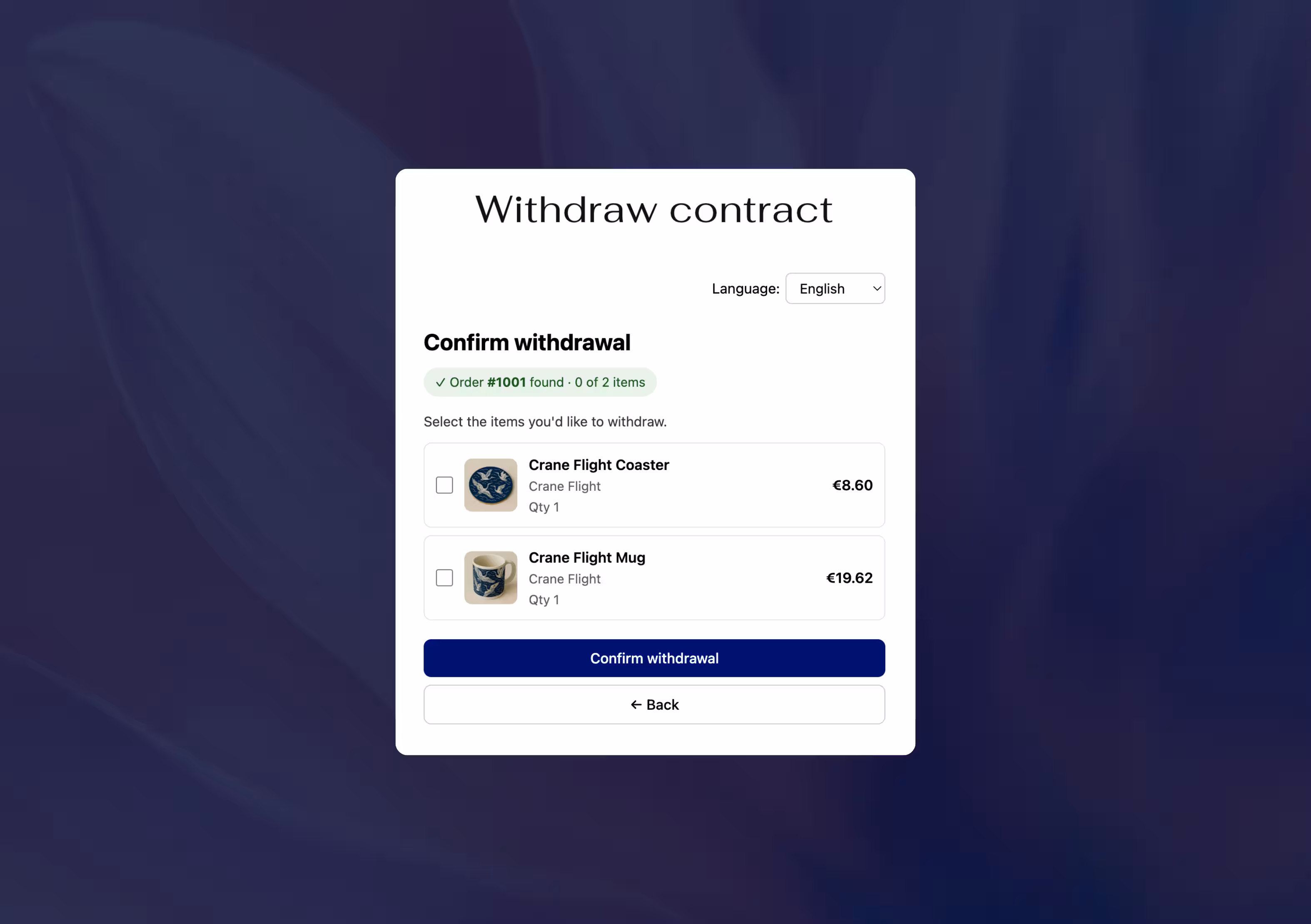 Screen showing contract withdrawal with items Crane Flight Coaster and Mug, prices in euros, and confirm button.