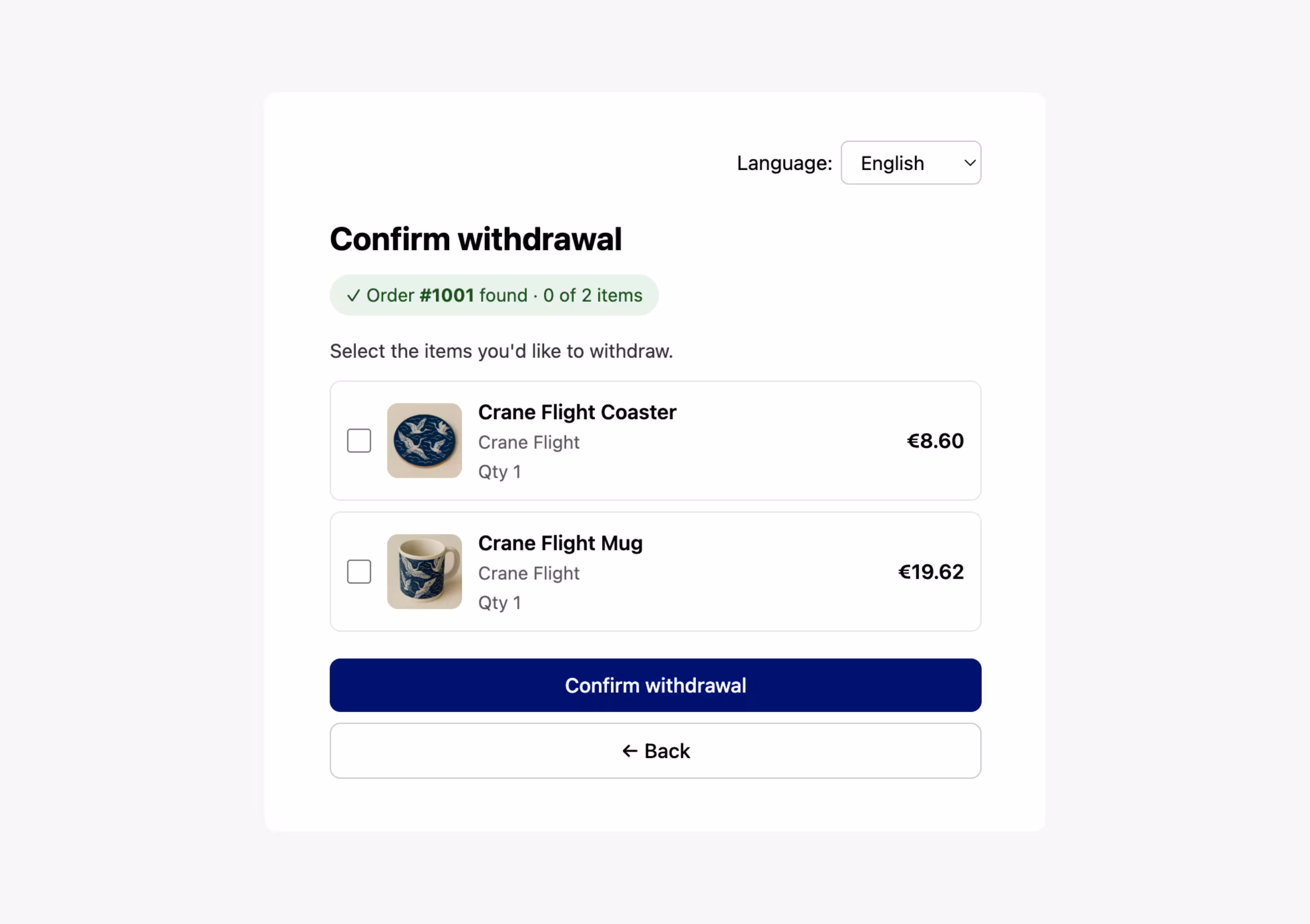 Confirm withdrawal screen with options to select a Crane Flight Coaster for €8.60 or a Crane Flight Mug for €19.62.