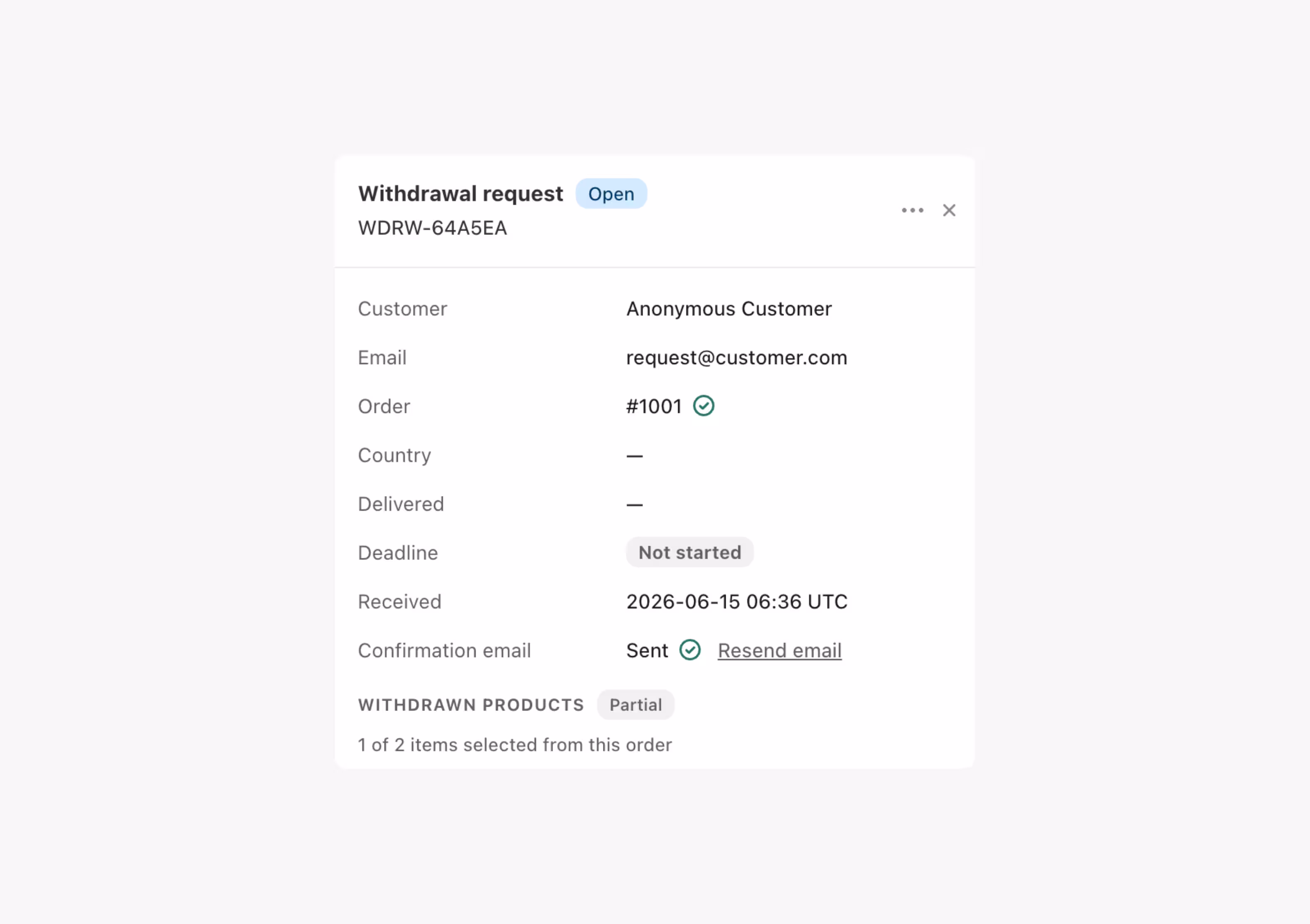 Withdrawal request form showing order #1001 for anonymous customer with status open and partial withdrawal.