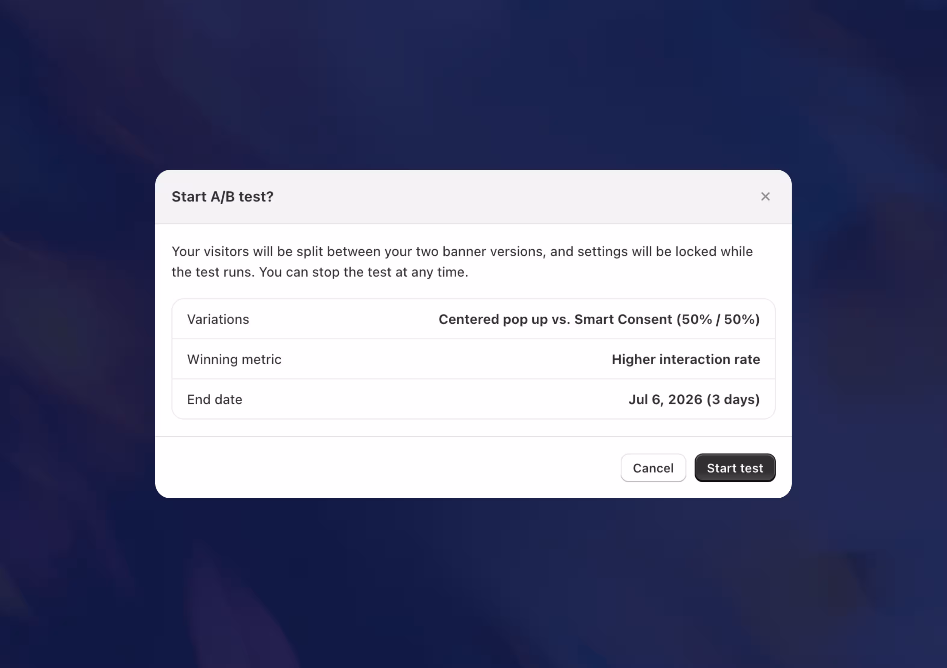 Popup showing A/B test setup comparing centered pop up vs. smart consent with a higher interaction rate winning metric.