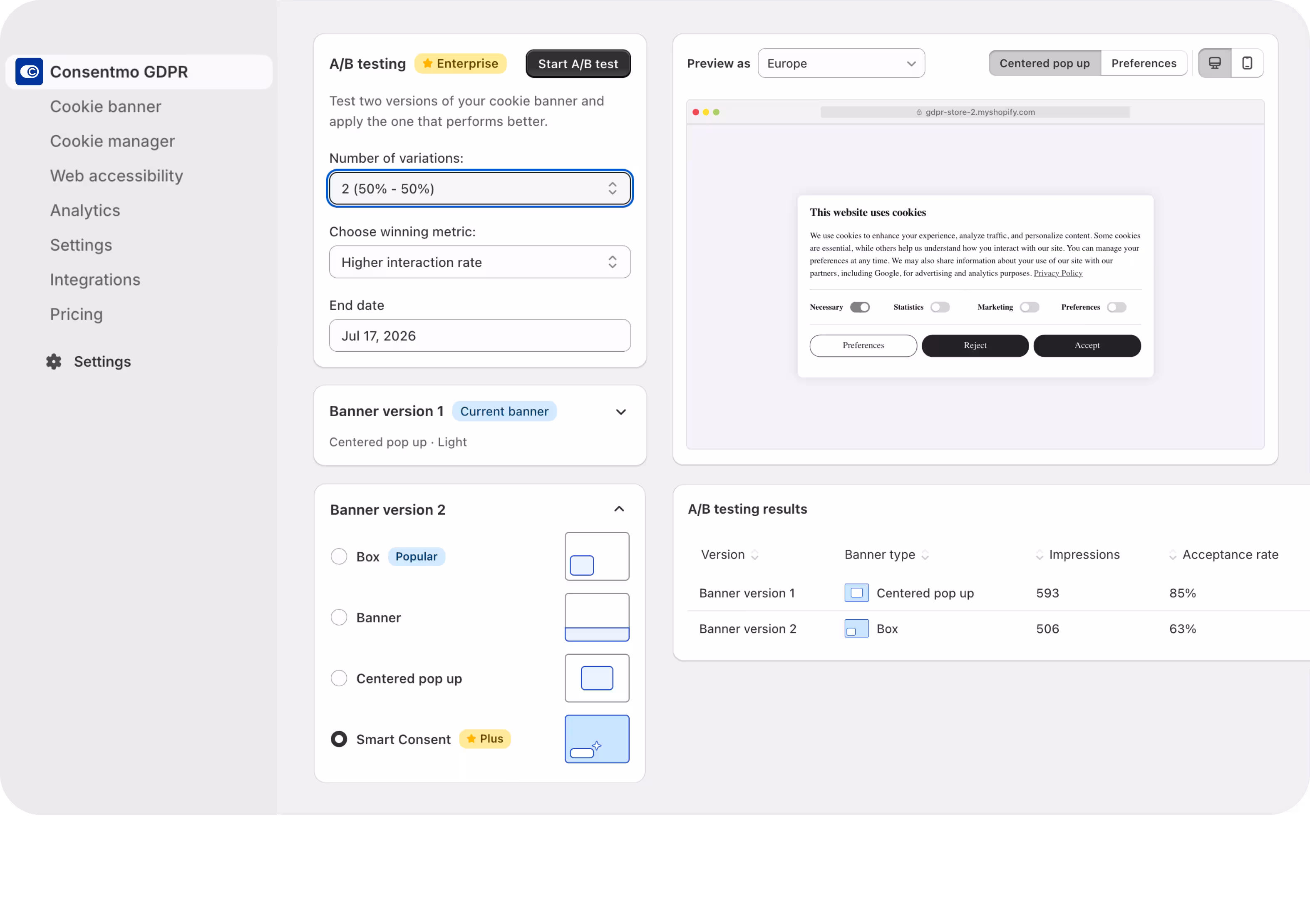 Consent management interface showing A/B testing options, cookie banner versions, a cookie consent preview, and results.