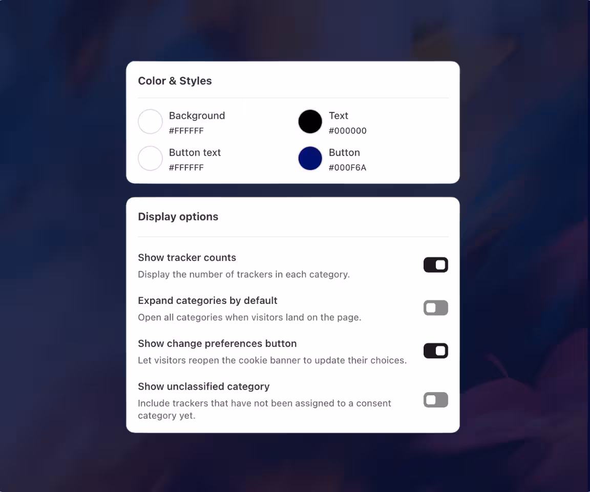 Consentmo Smart Cookie Policy design and display settings.