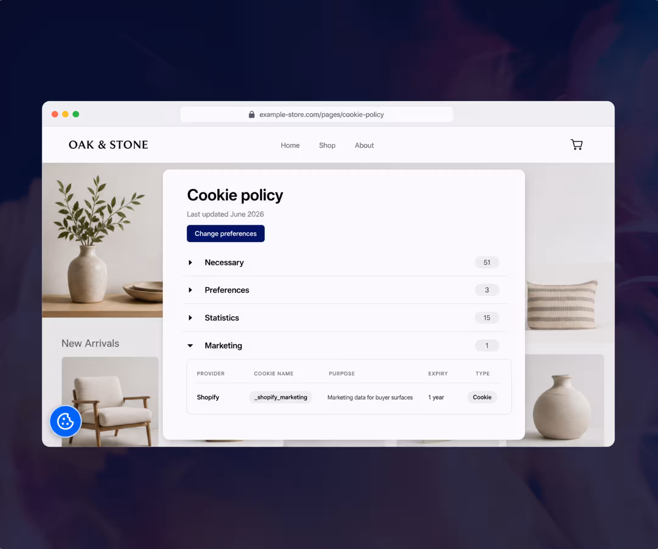 Consentmo Smart Cookie Policy displayed on a Shopify storefront