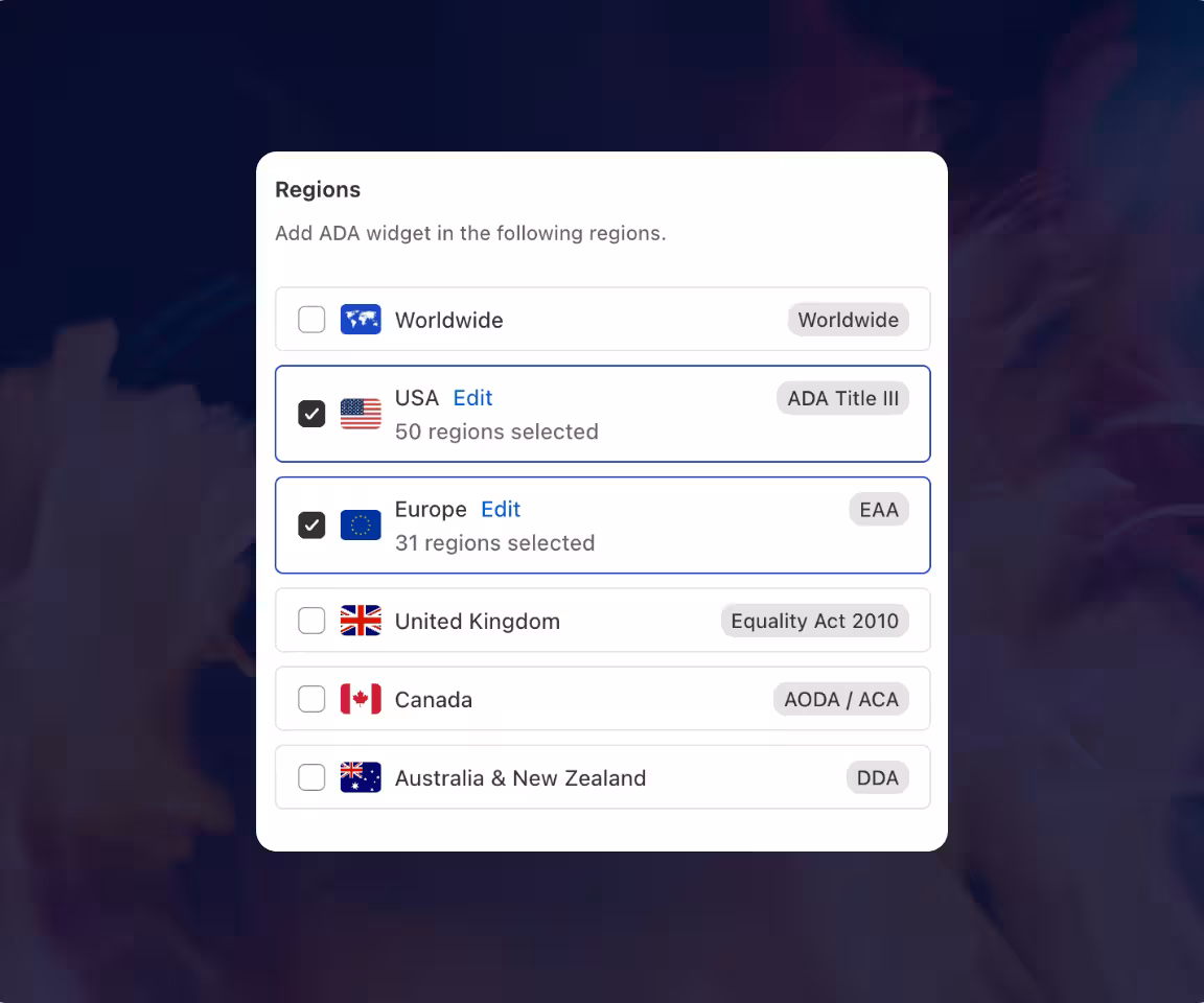 Consentmo settings panel showing ADA widget regions with USA and Europe selected, listing related accessibility laws.