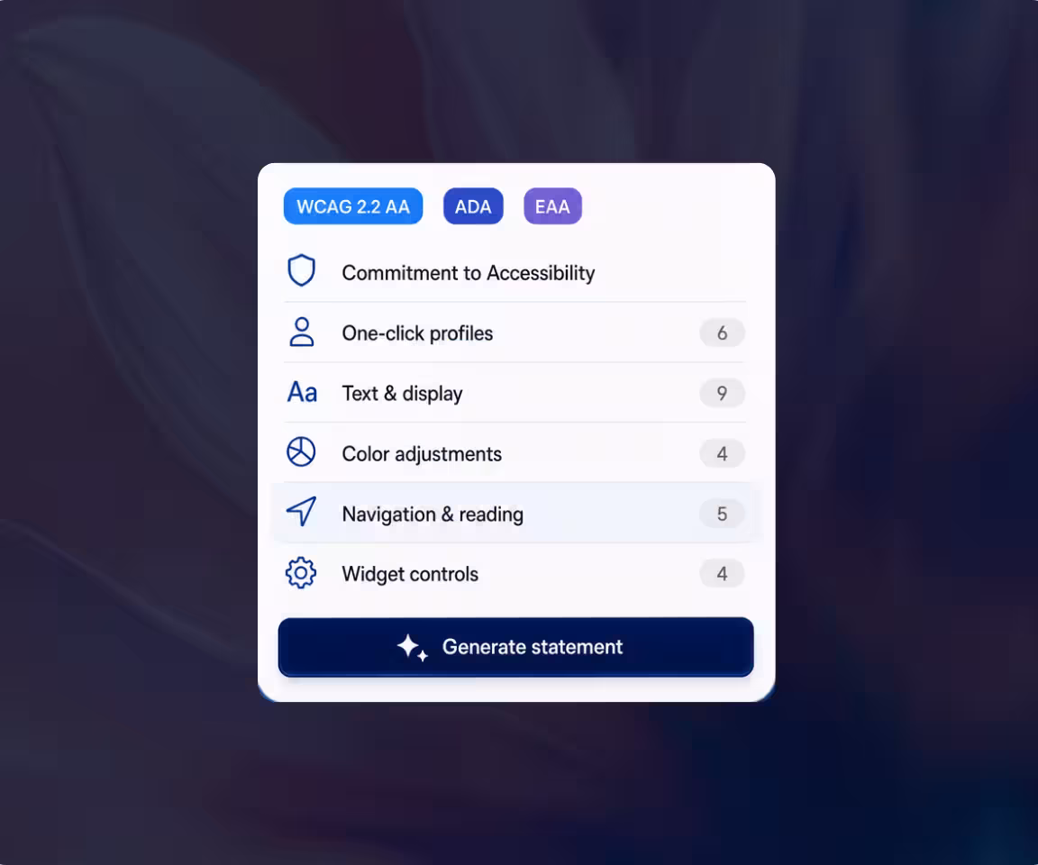 Consentmo accessibility statement menu showing categories like commitment, profiles, text, colors, navigation, and widget controls.