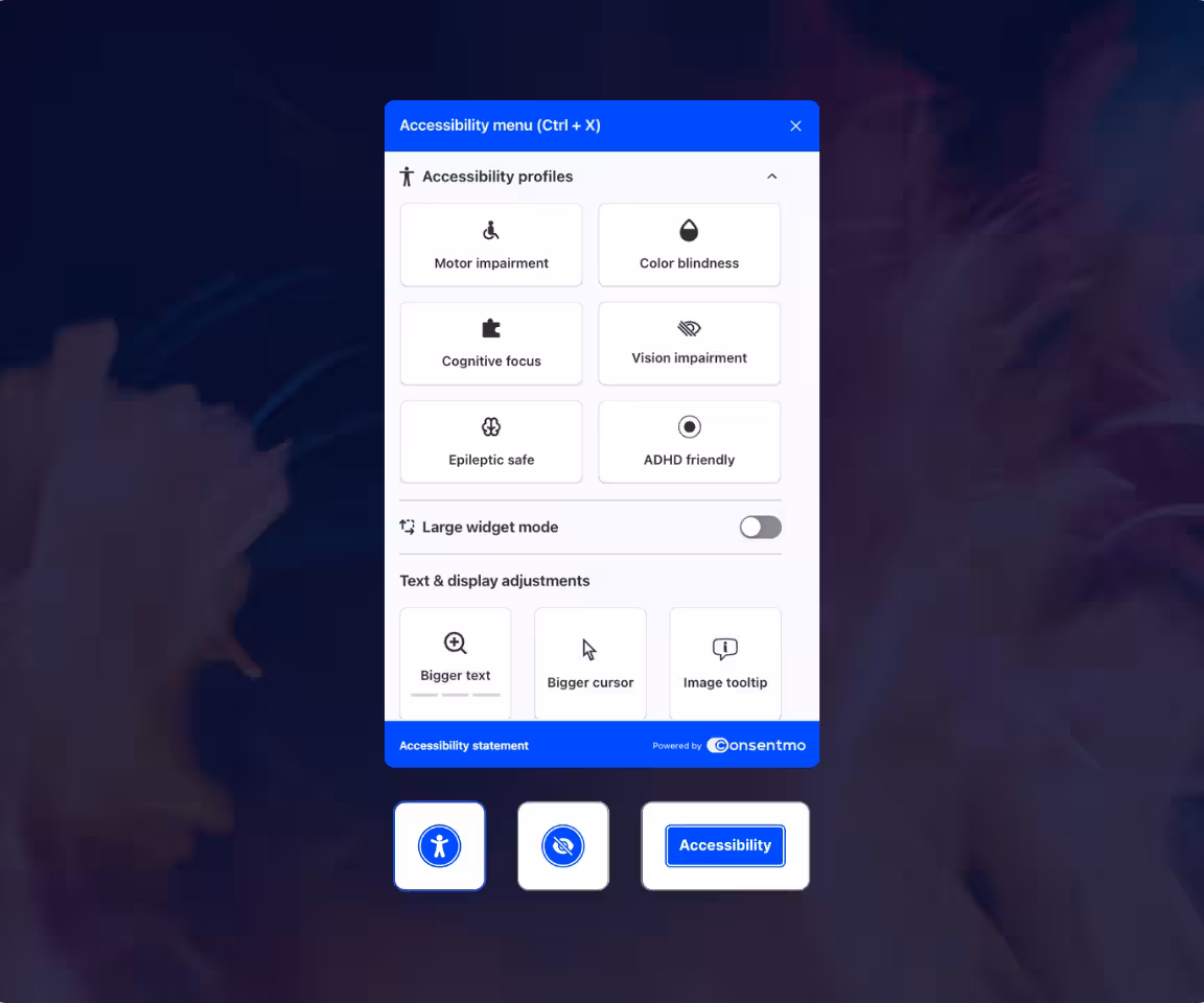 Consentmo accessibility widget with options for motor impairment, color blindness, cognitive focus, vision impairment, and more.