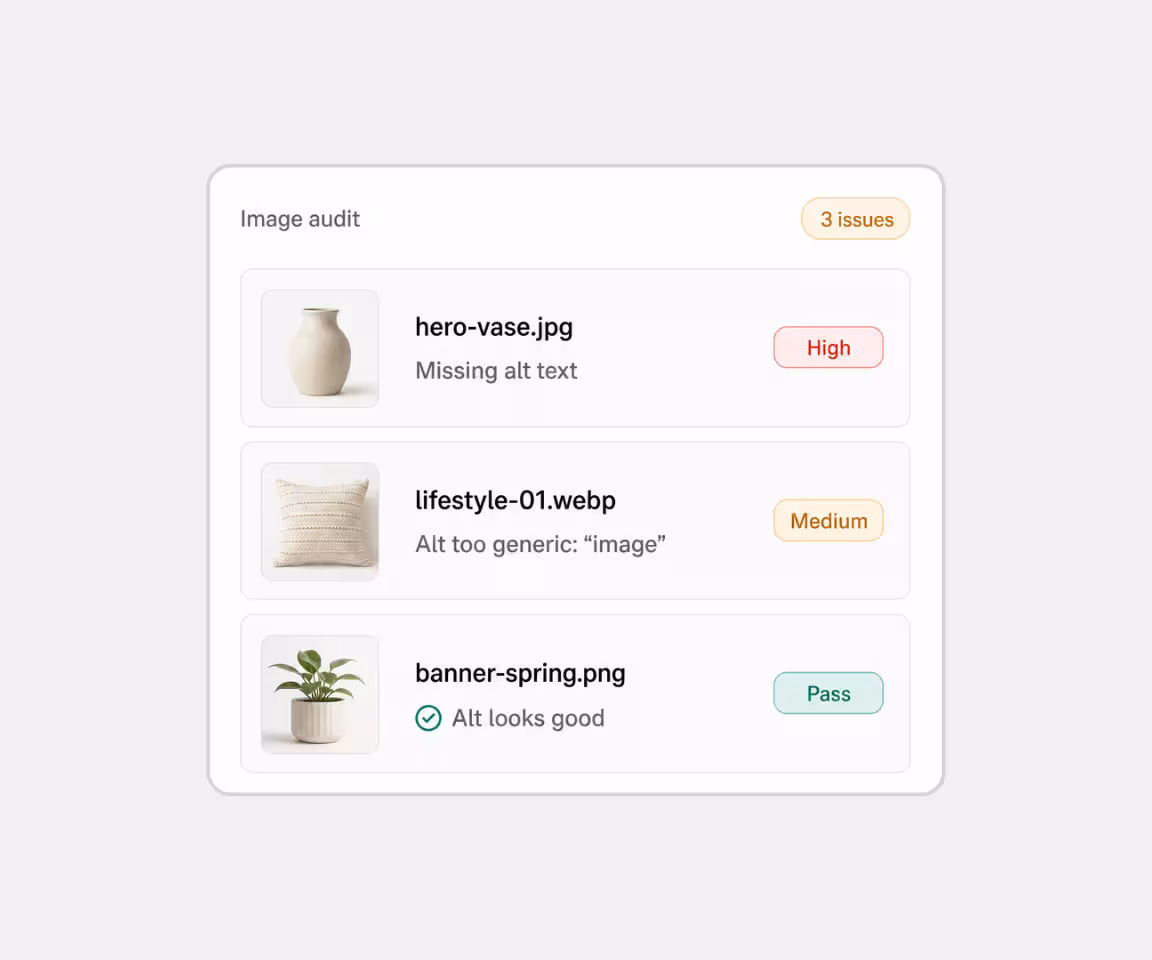 User interface of an image audit showing three images with issues: a beige vase missing alt text flagged as high, a beige pillow with a generic alt flagged medium, and a green plant with a good alt marked pass.