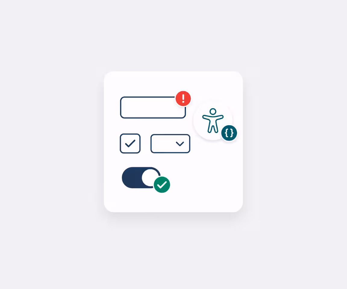 User interface elements including a text input field with a red error icon, a checked checkbox, a dropdown arrow, a toggle switch turned on with a green checkmark, and an accessibility icon with curly braces.