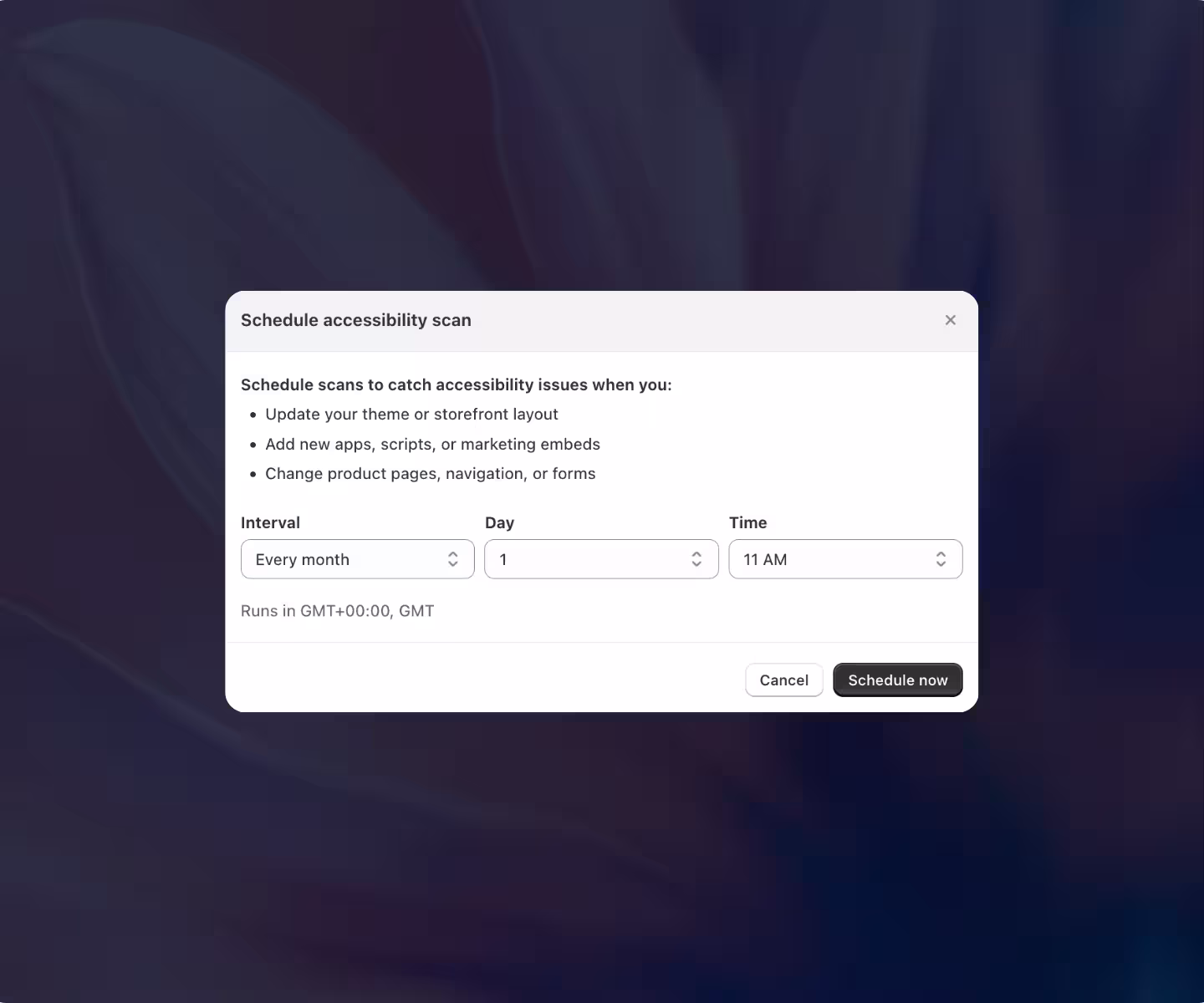 Dialog box titled 'Schedule accessibility scan' with options to schedule scans by selecting interval, day, and time, plus buttons to cancel or schedule now and instructions on what triggers scans.