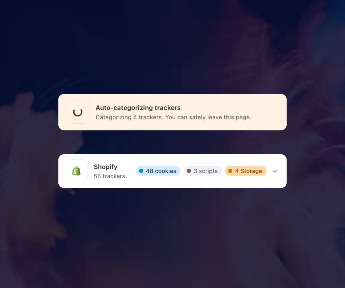Interface showing auto-categorizing of 4 trackers with a message that it is safe to leave the page, and a Shopify tracker summary listing 48 cookies, 3 scripts, and 4 storage items out of 55 trackers.
