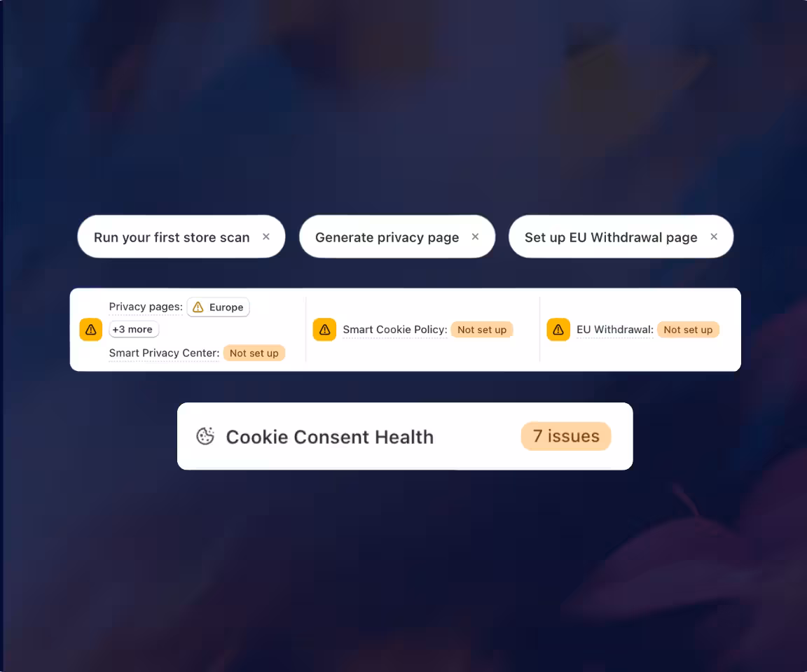 Consentmo monitoring dashboard showing setup recommendations, privacy page status, and Cookie Consent Health issues in one place.