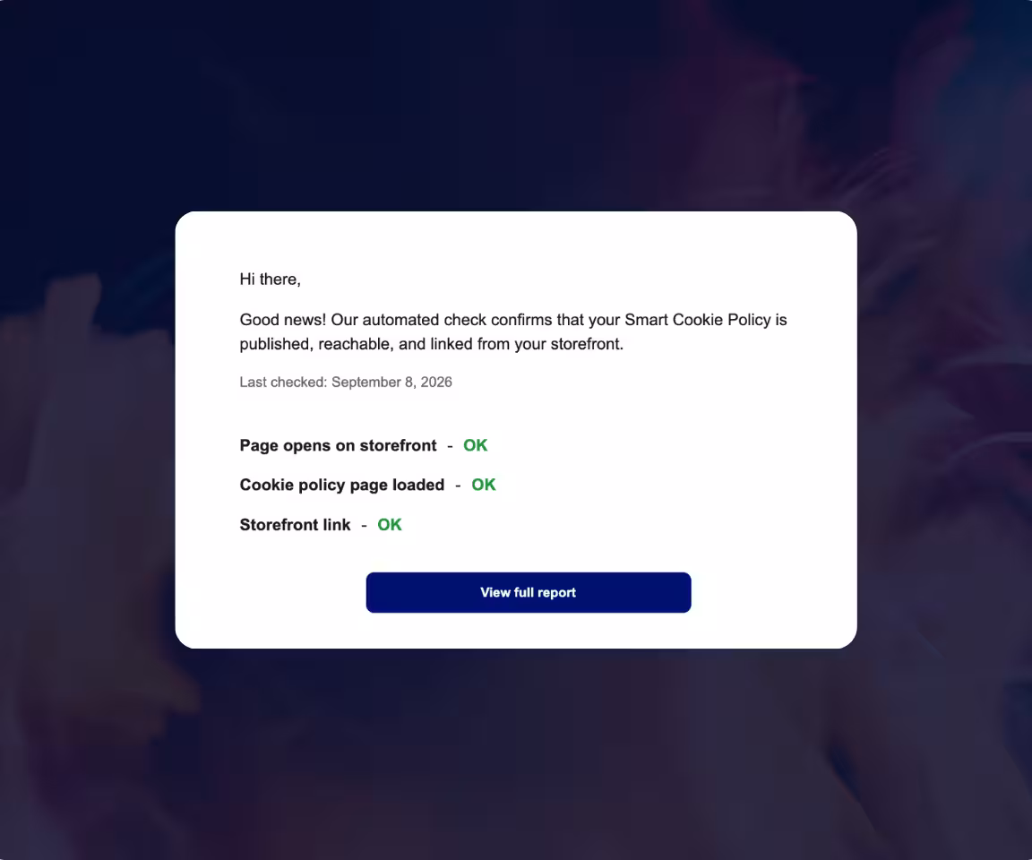 Consentmo monitoring email alert confirming that a Smart Cookie Policy page is published, reachable, and linked from the storefront.