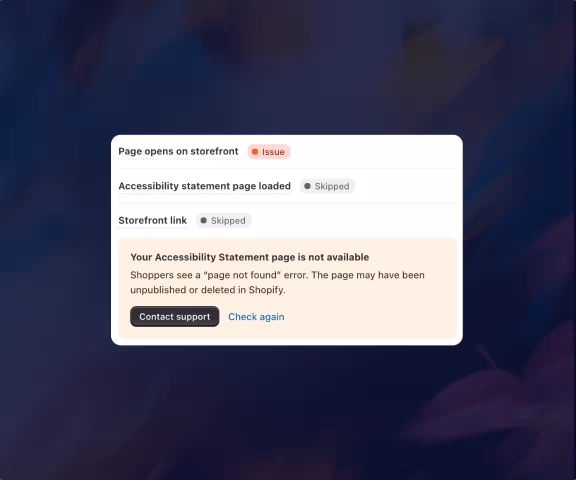 Consentmo monitoring check showing an unavailable Accessibility Statement page, with the storefront page check marked as an issue and follow-up checks skipped.