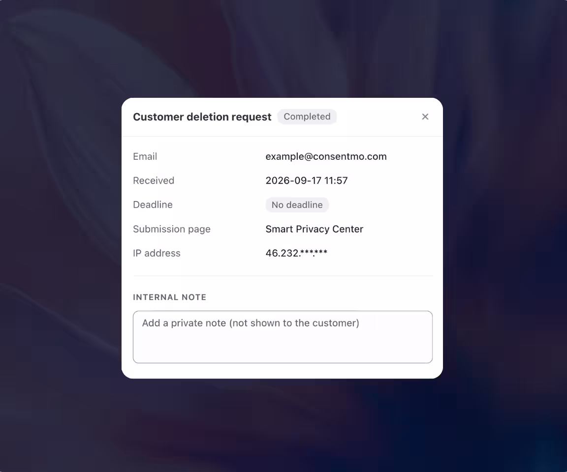Consentmo customer deletion request record showing completion status, request details, submission source, and an internal note field for merchant records.