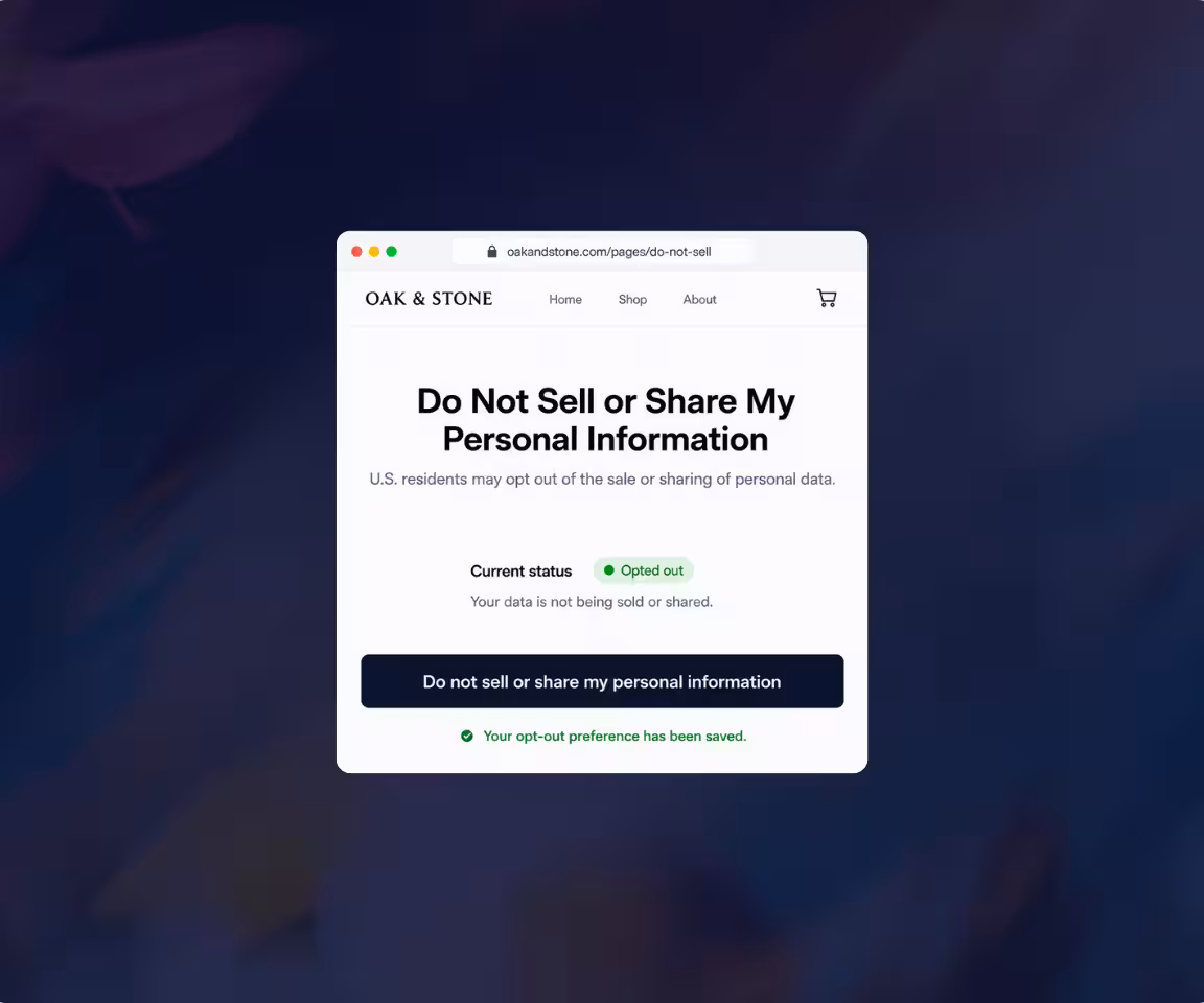 Consentmo Do Not Sell or Share page showing a customer’s saved opt-out status for the sale or sharing of personal information.