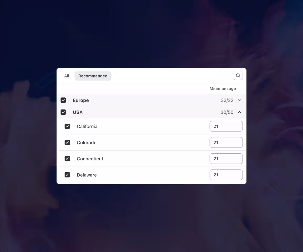 Consentmo Age Gate settings for selecting regions and setting minimum ages by location.