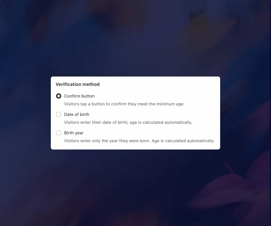 Consentmo Age Gate verification options including confirm button, date of birth, and birth year.
